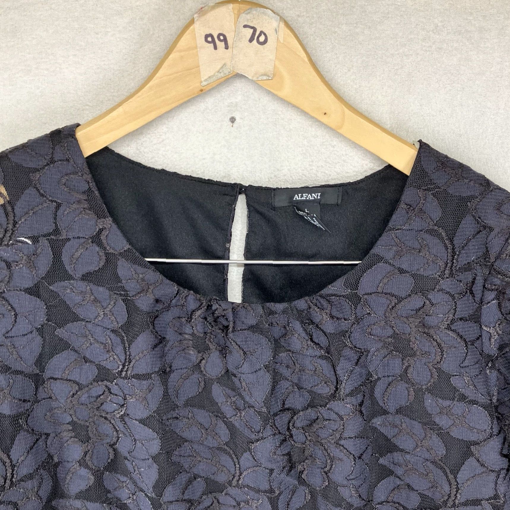 Alfani Alfani Women's Blouse Shirt Dark Romantic Black Floral Lace Top 3/4 Sleeve Round Neck Pullover Sheer Casual Regular L Black Womens Size L / US 10 / IT 46 - 4 Thumbnail