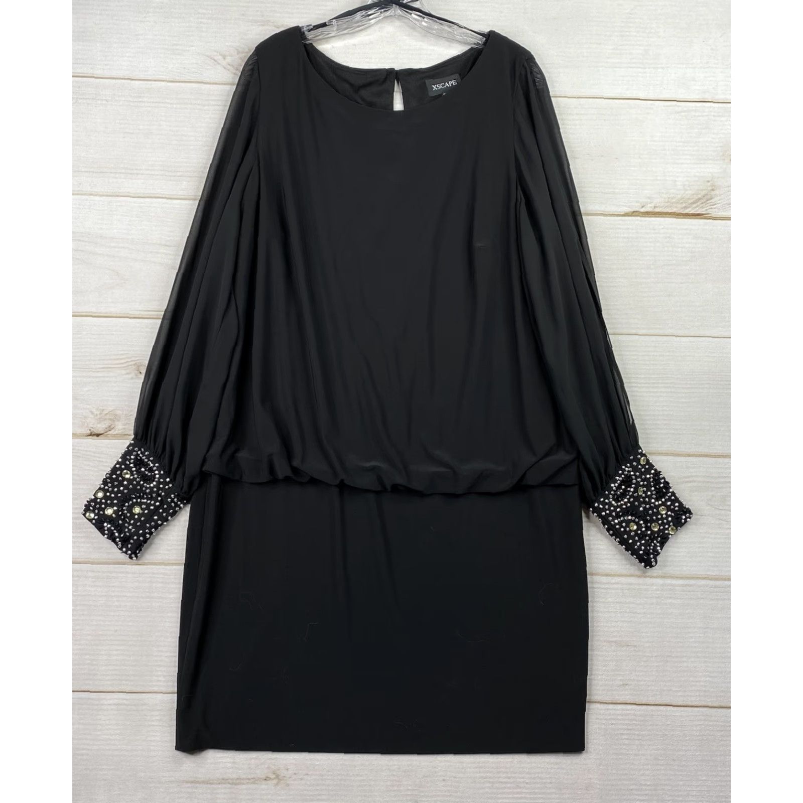 Vintage XSCAPE Cocktail Dress 16W Black Stretch Blouson Embellished Cuffs Beaded Party Dress Size XXL / US 16-18 / IT 52-54 - 2 Thumbnail