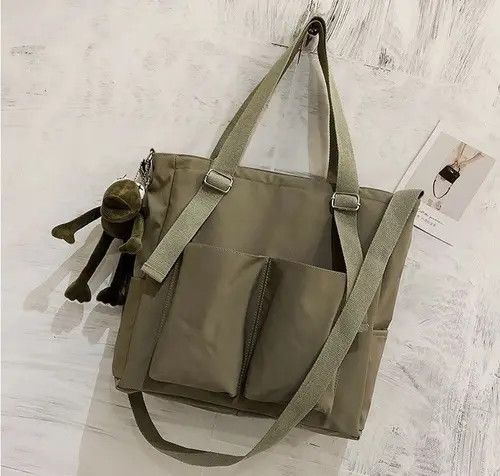 Japanese Brand Green Color Simple Fashion Nylon Canvas Tote Bag Size ONE SIZE - 2 Thumbnail