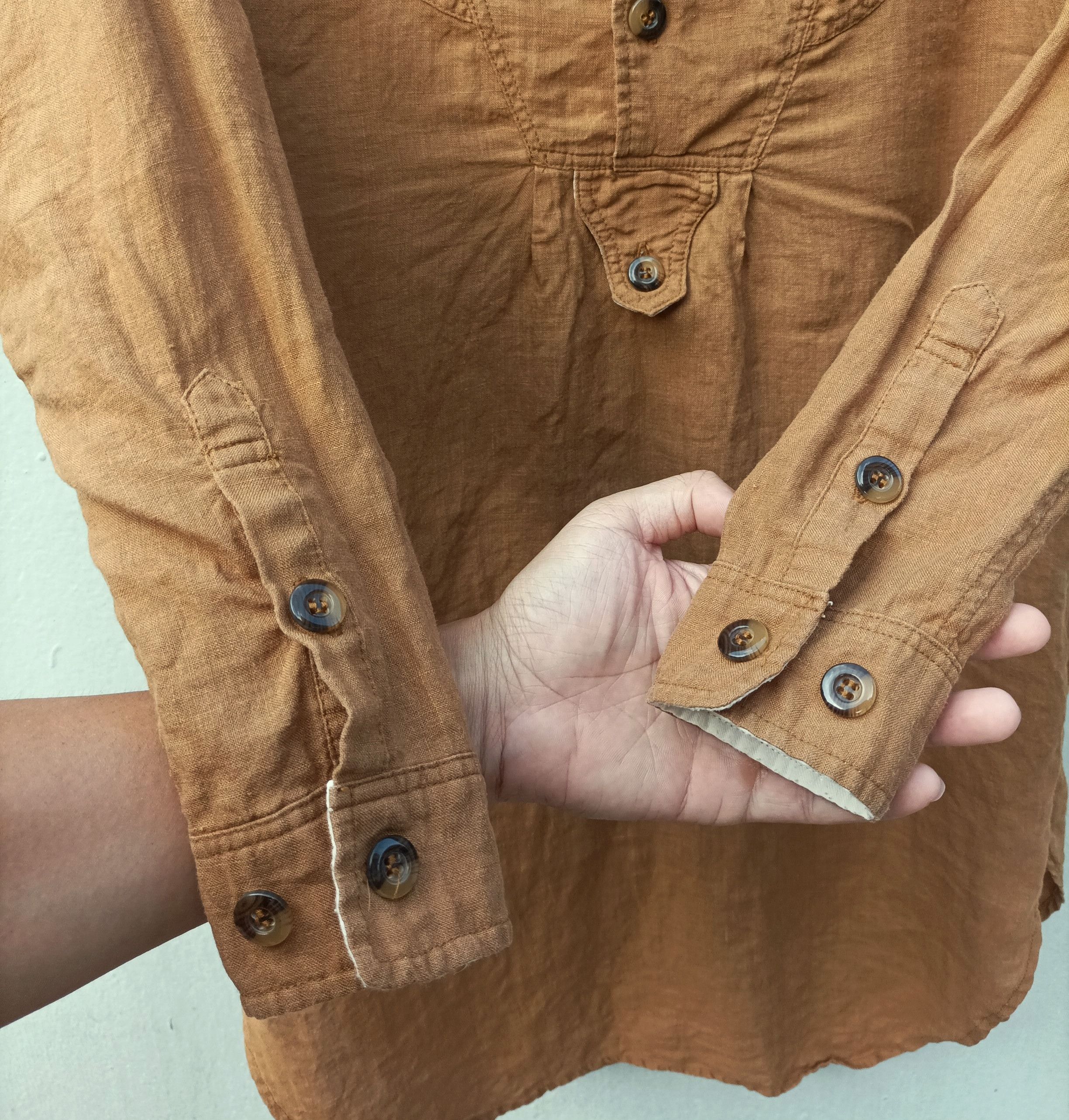 Japanese Brand (D52) Beams Boy Khaki Half Button Linen blouse Size XS / US 0-2 / IT 36-38 - 6 Thumbnail