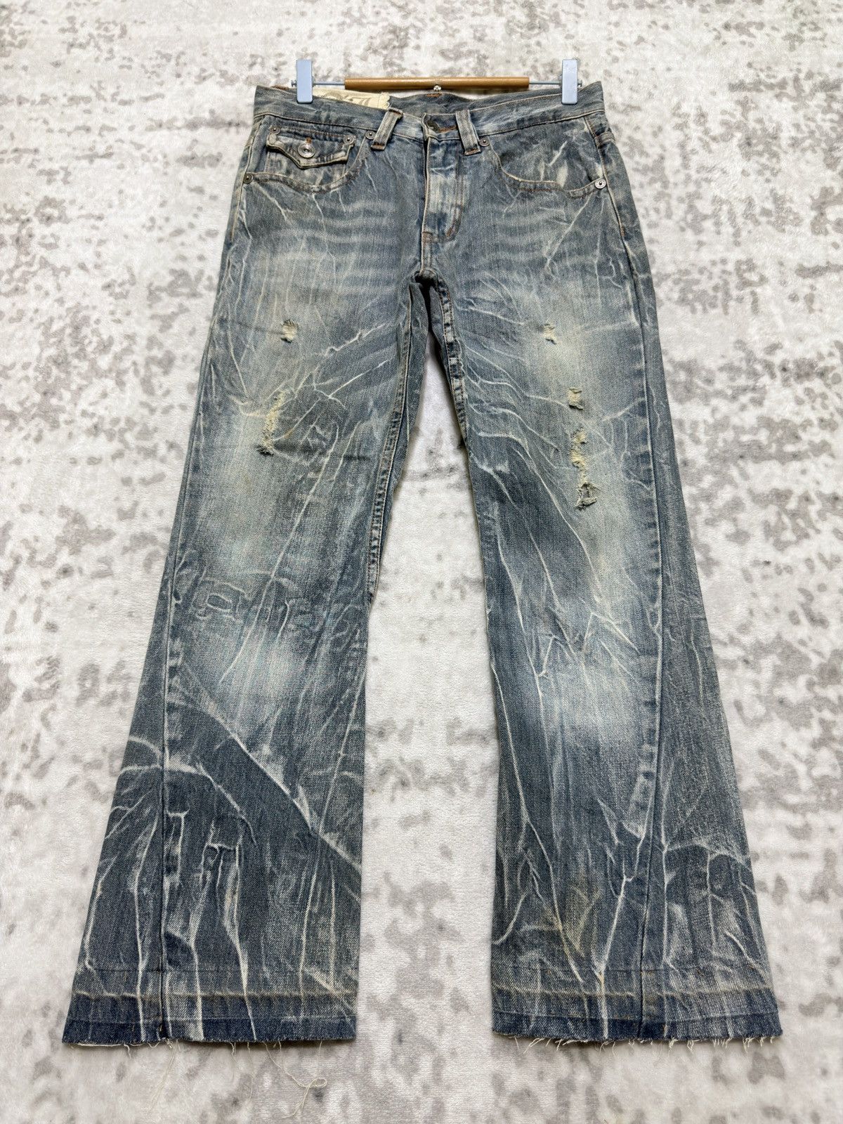 Tornado Mart Antful Distressed Flare Y2K Mud Wash Lightning Whisker Denim Size US 29 - 1 Thumbnail