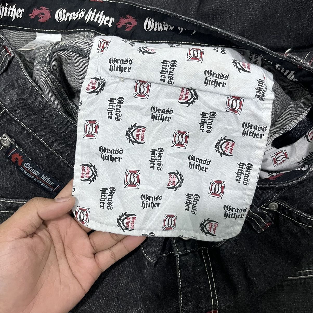 If Six Was Nine 🐲 Grass Hither Embroidery Baggy Cargo Black Denim Pant Size US 40 / EU 56 - 14 Thumbnail