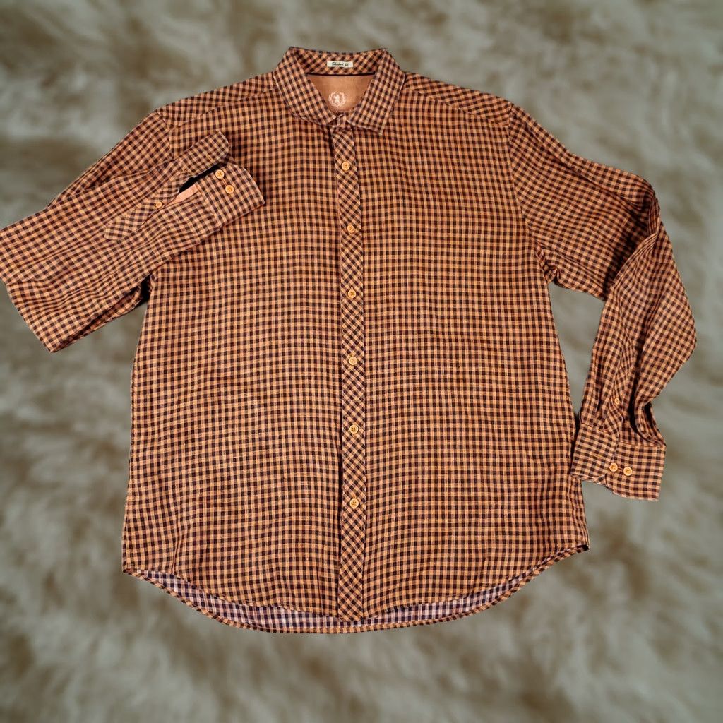 BUGATCHI Bugatchi Shirt Mens Large Orange Linen Check Button-Up Long Sleeve Size US L / EU 52-54 / 3 - 1 Thumbnail