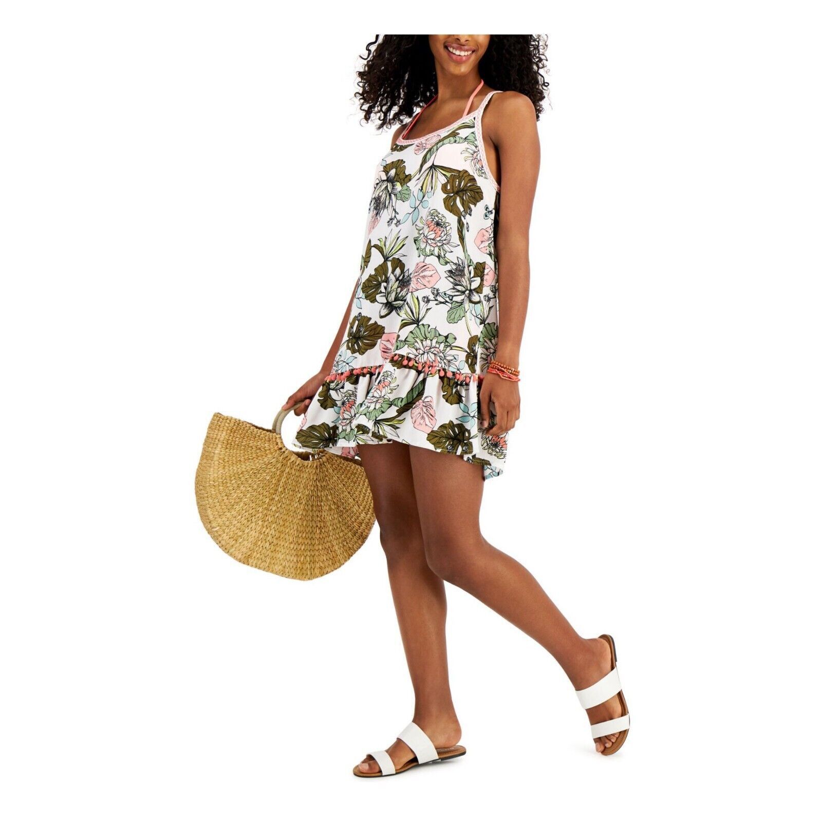 The Unbranded Brand Miken Women Floral Pom Pom Cover-Up Mini Dress Size XS Size ONE SIZE - 1 Thumbnail