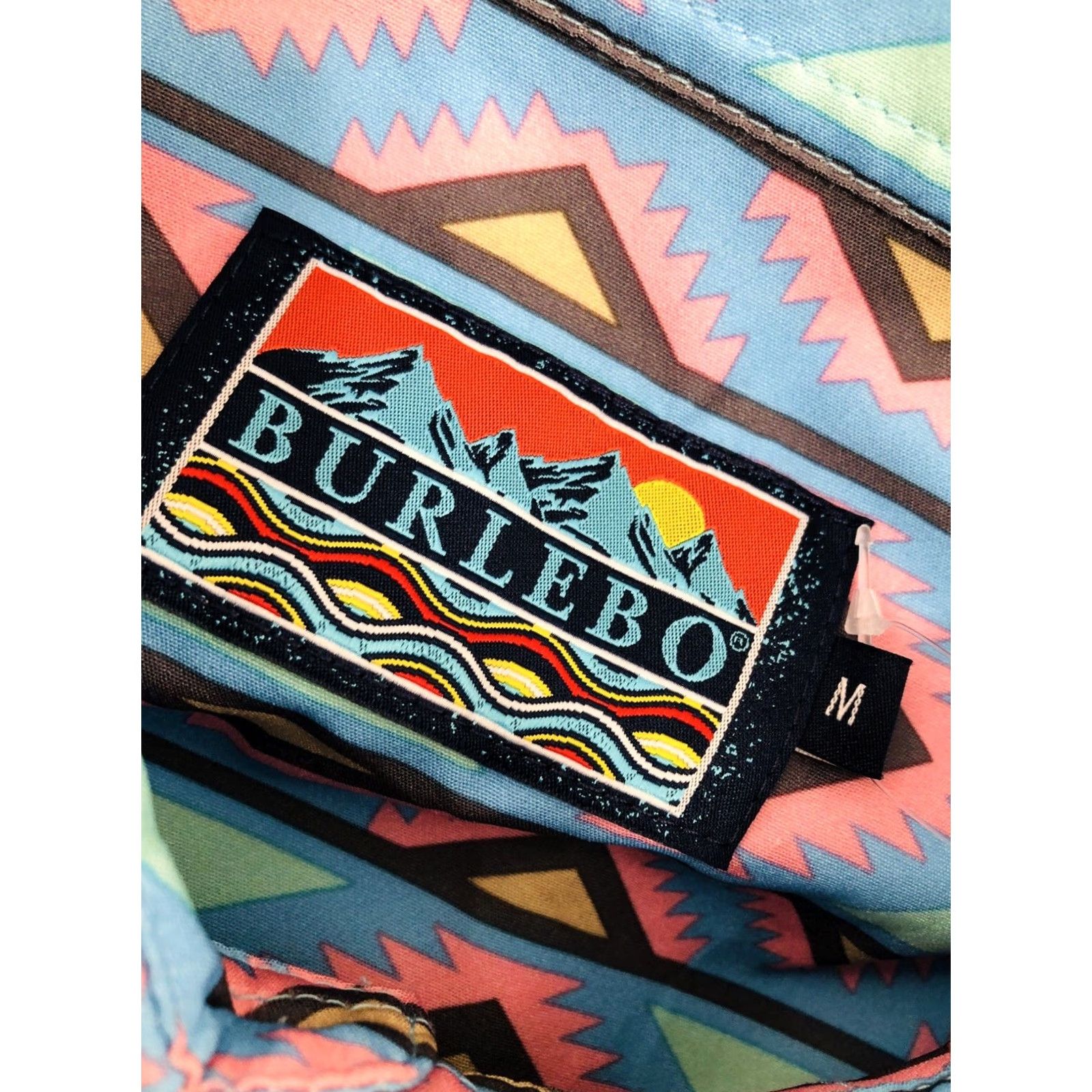 Vintage Burlebo Shirt Mens M Aztec Southwest Button-Up Short Sleeve Blue Pink Tan Brown Green Tag New} Size US M / EU 48-50 / 2 - 6 Thumbnail
