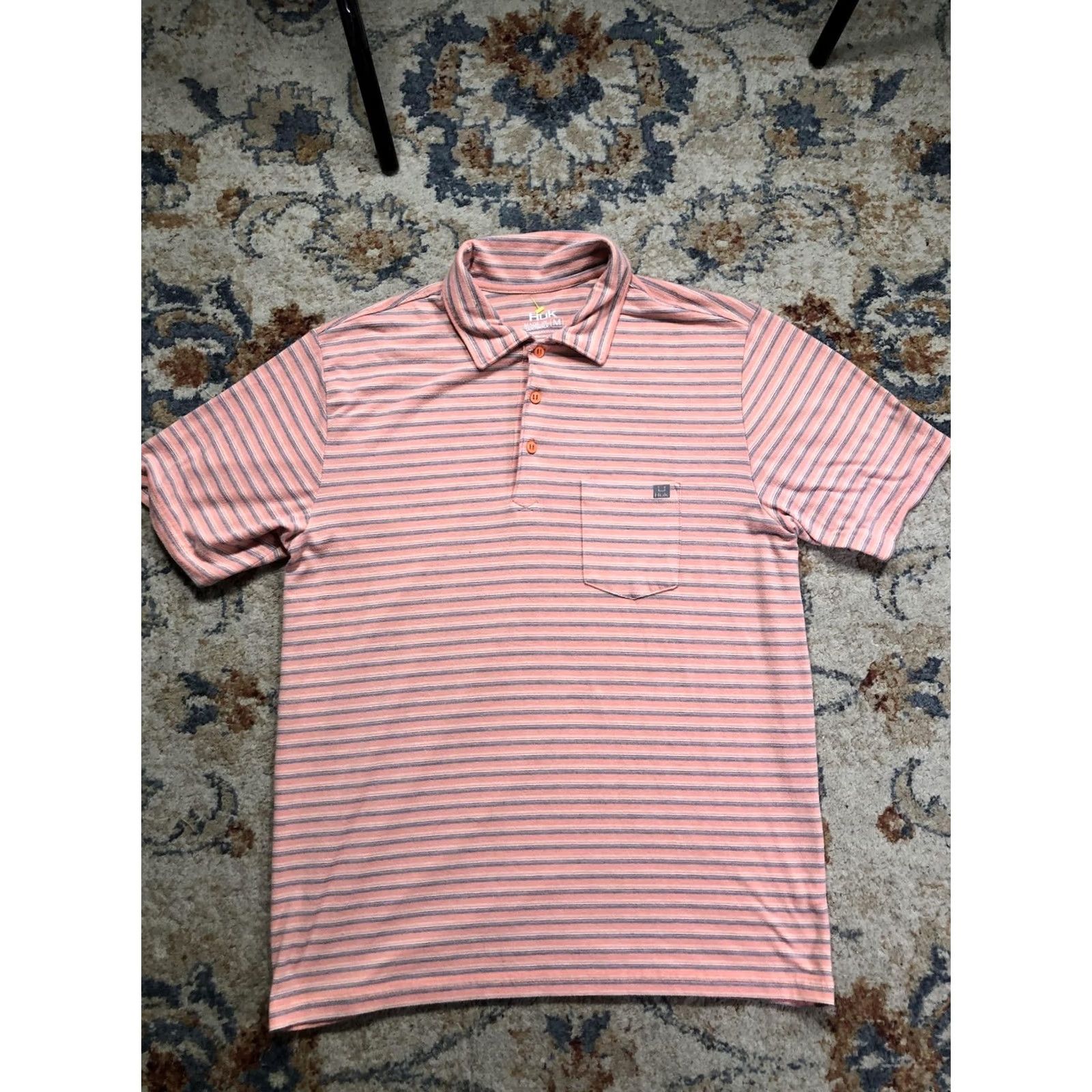 Vintage Huk Polo Shirt Mens M Pink Stripe Performance Stretch Short Sleeve Fishing Shirt Size US M / EU 48-50 / 2 - 2 Thumbnail