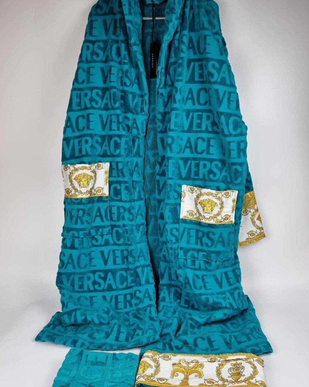 image of Versace Baroque Print Blue Long Bathrobe New S, Men's (Size Small)