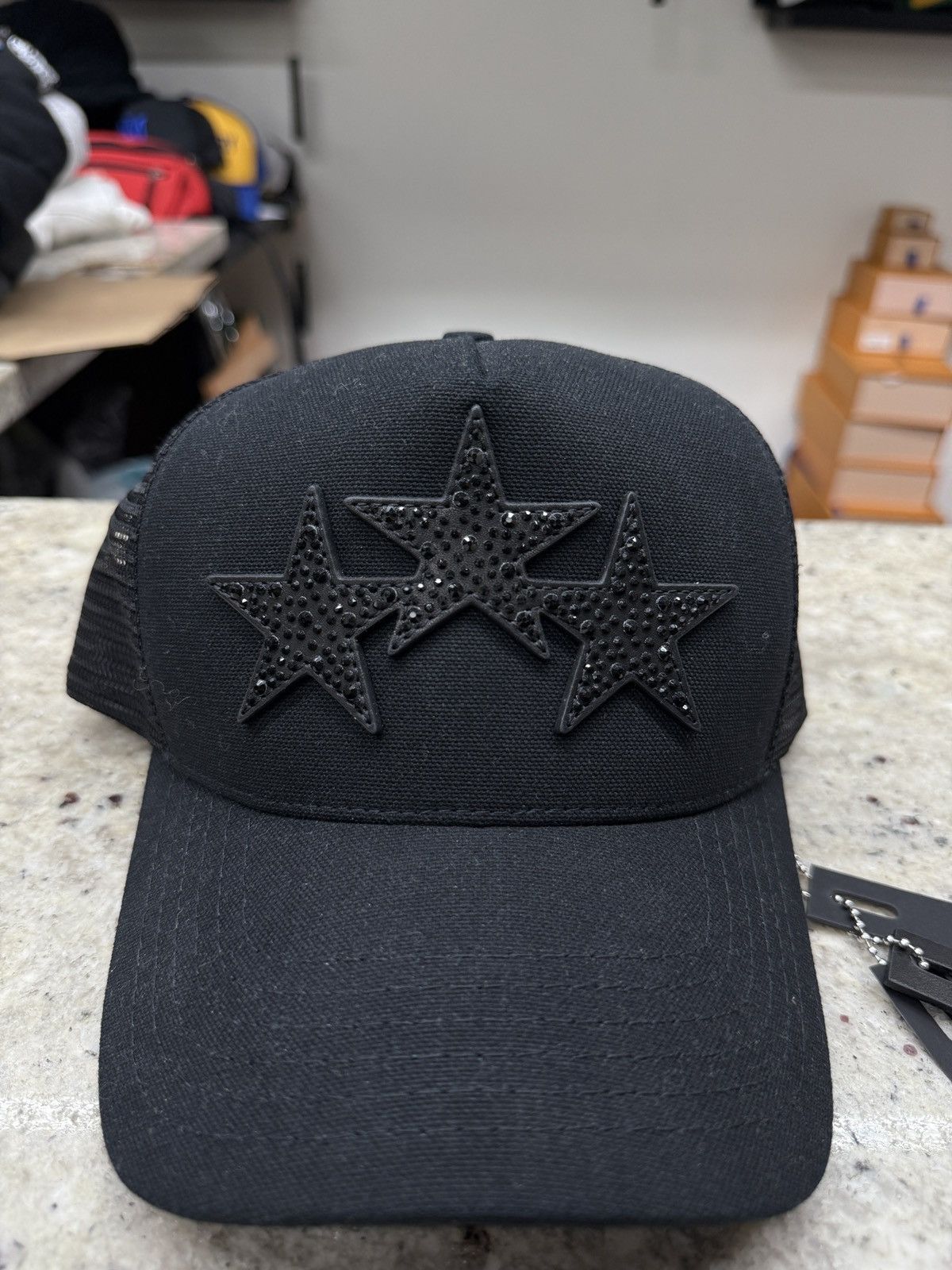 Amiri Amiri Black 3 Star Crystal Trucker Hat | Grailed