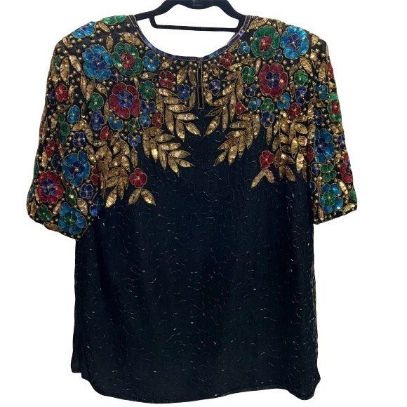 Vintage Vintage 100% Pure Silk Glamourous Hand Beaded Floral Sequine Size M / US 6-8 / IT 42-44 - 10 Thumbnail