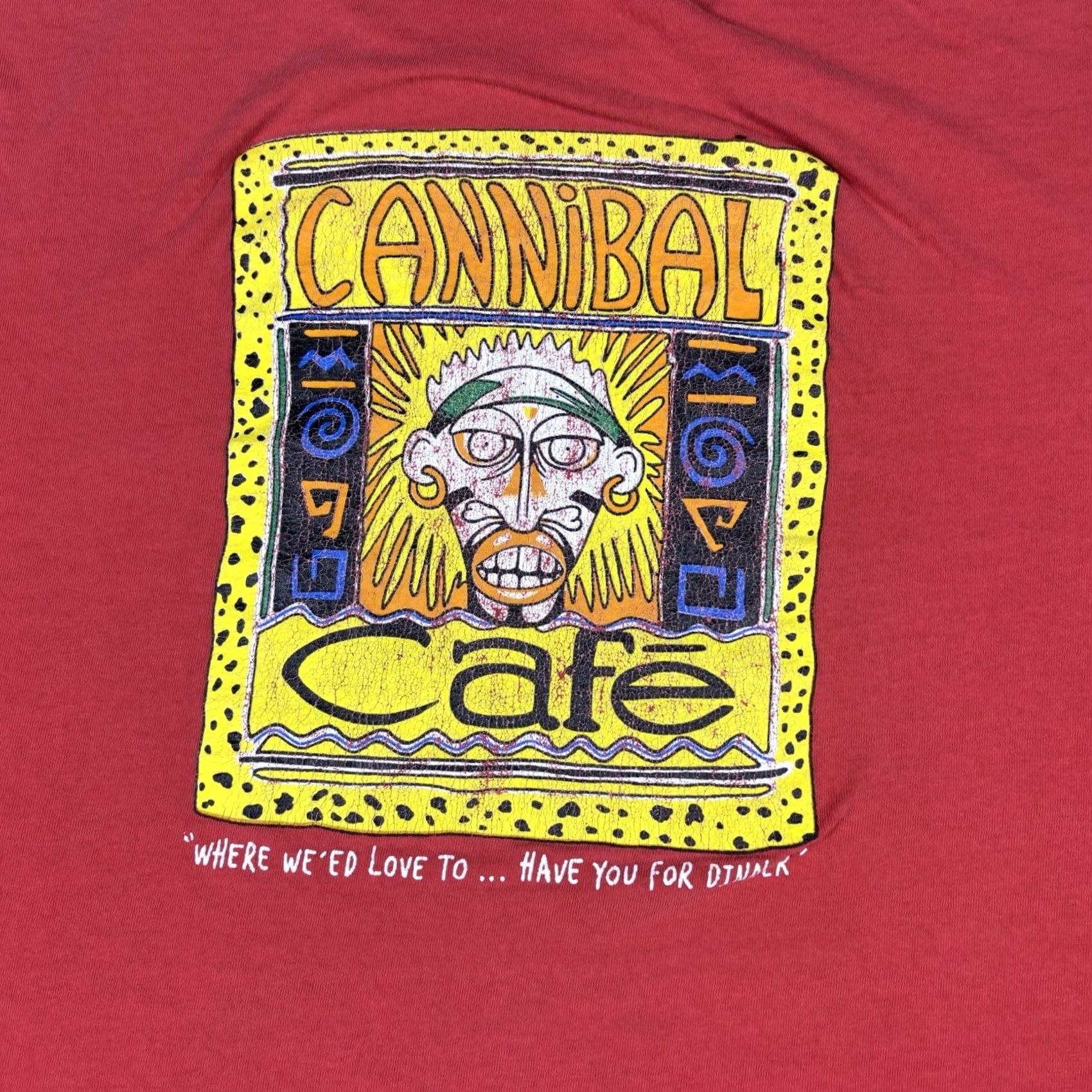 Gildan VINTAGE Cannibal Cafe T Shirt Restaurant Promo Art Red Distressed XL 90s Gildan Crew Neck Short Sleeve Mens T-Shirt Cotton Jersey Regular Fit Size US XL / EU 56 / 4 - 5 Thumbnail