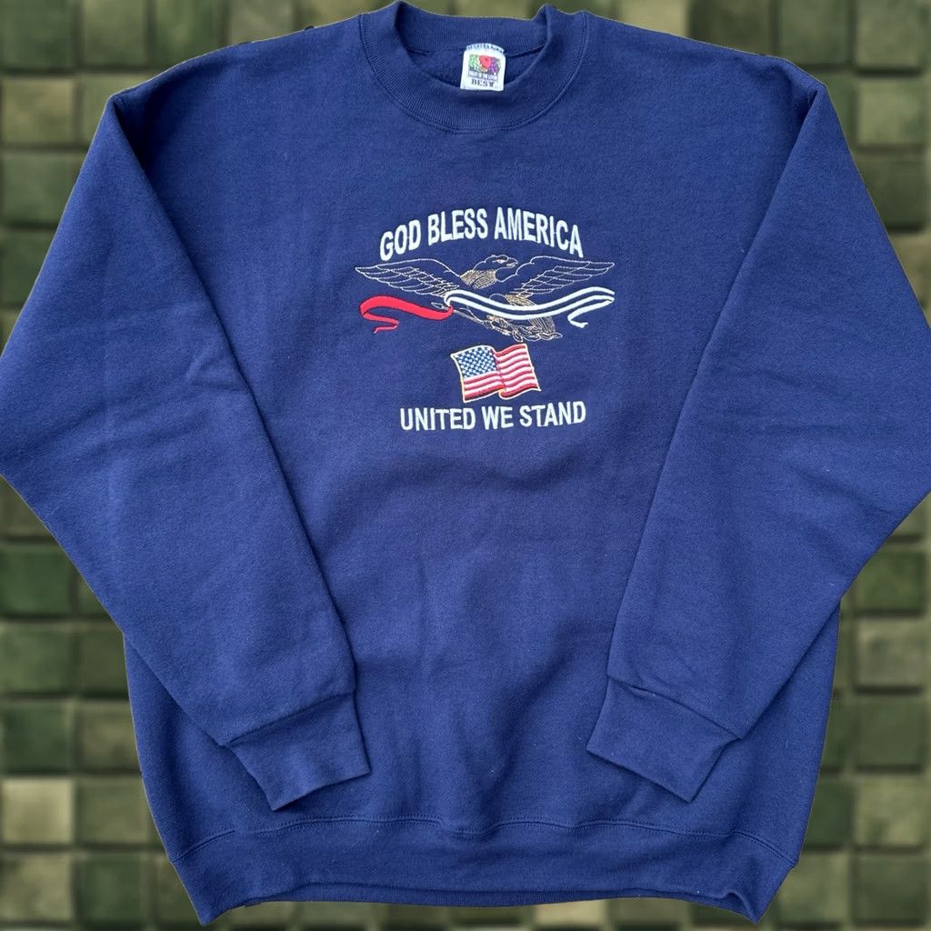 Fruit Of The Loom VINTAGE God Bless America Embroidered Sweatshirt Fruit of the Loom 90s Navy XL Mens Size US XL / EU 56 / 4 - 1 Thumbnail