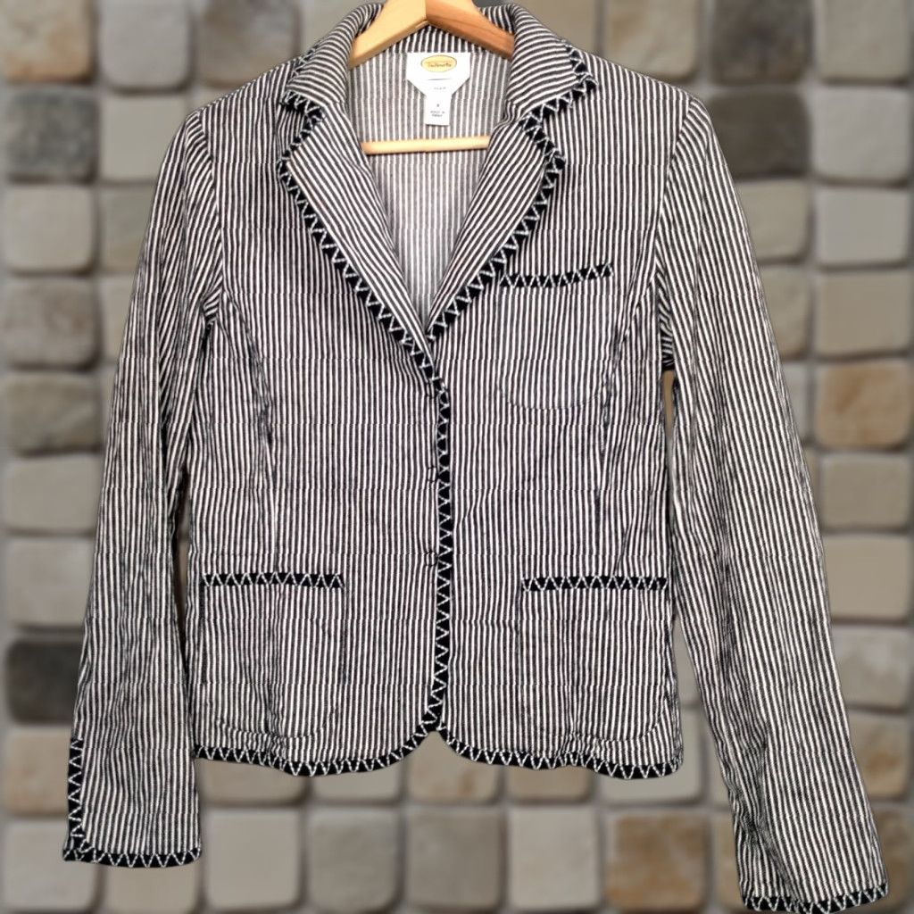 Talbots VINTAGE Talbots Blazer Jacket Women 8 Blue Hickory Stripe Stretch Denim Short Sleeve Snap 3 Notch Lapel Mens? Women. Size 30" / US 8 / IT 44 - 1 Thumbnail