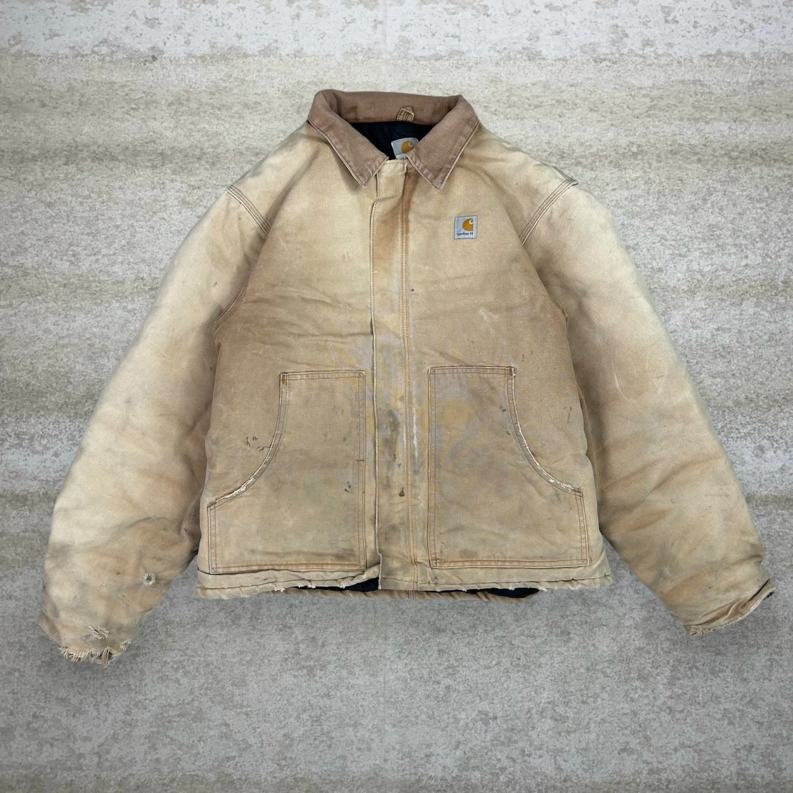 Vintage Carhartt Jacket Work Thrashed Tan Canvas Zip Insulated Made in USA outlet 90s