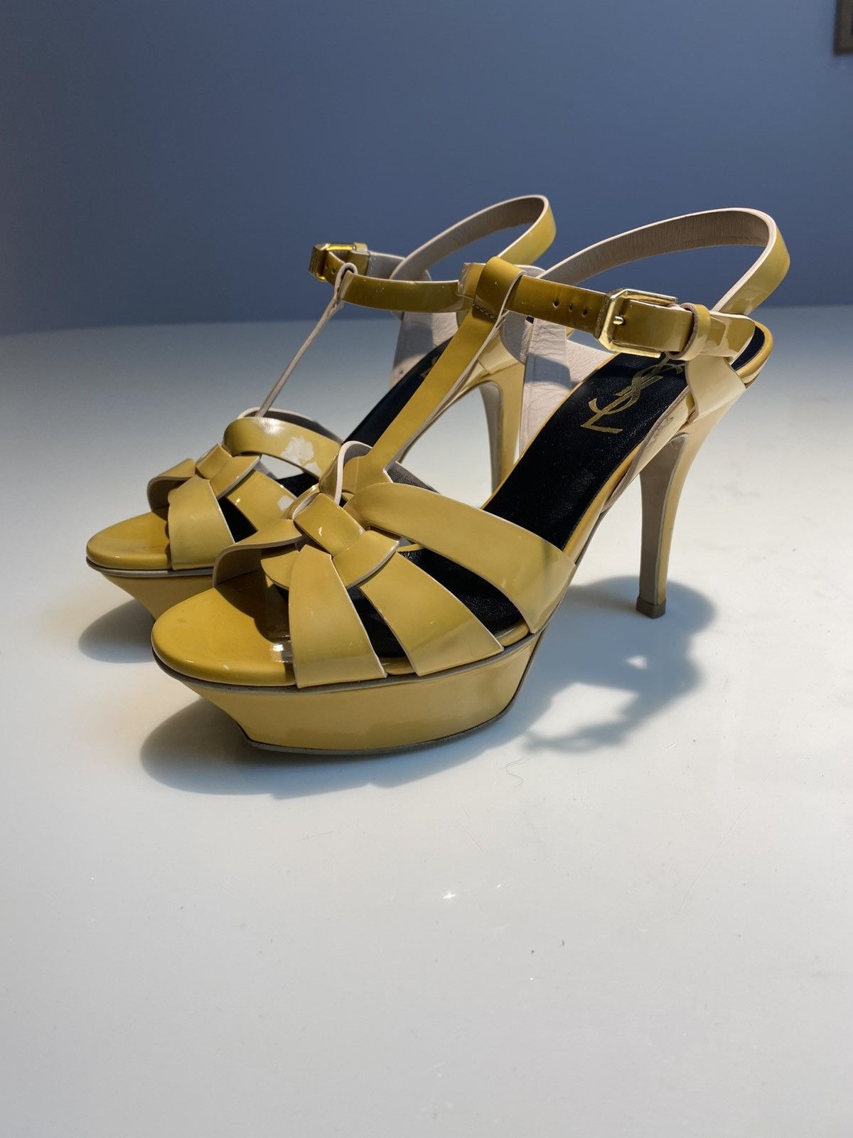Yves Saint Laurent YSL Pastel Yellow Patent Leather Tribute Heels Size US 5 / IT 35 - 1 Thumbnail
