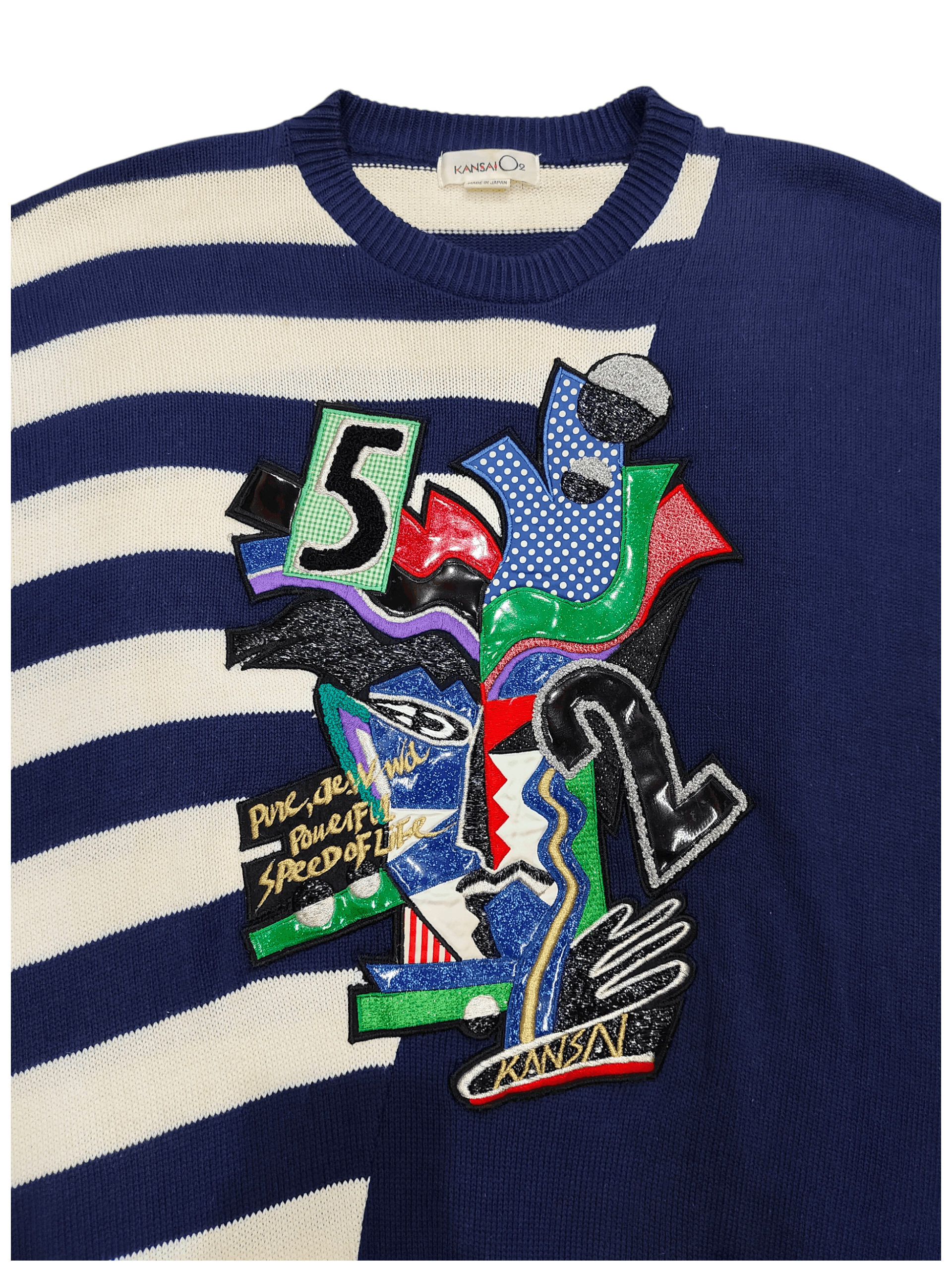 Kansai Yamamoto 80s Kansai O2-Archive Asymmetric Stripe Applique Knit Sweate Size US L / EU 52-54 / 3 - 1 Thumbnail