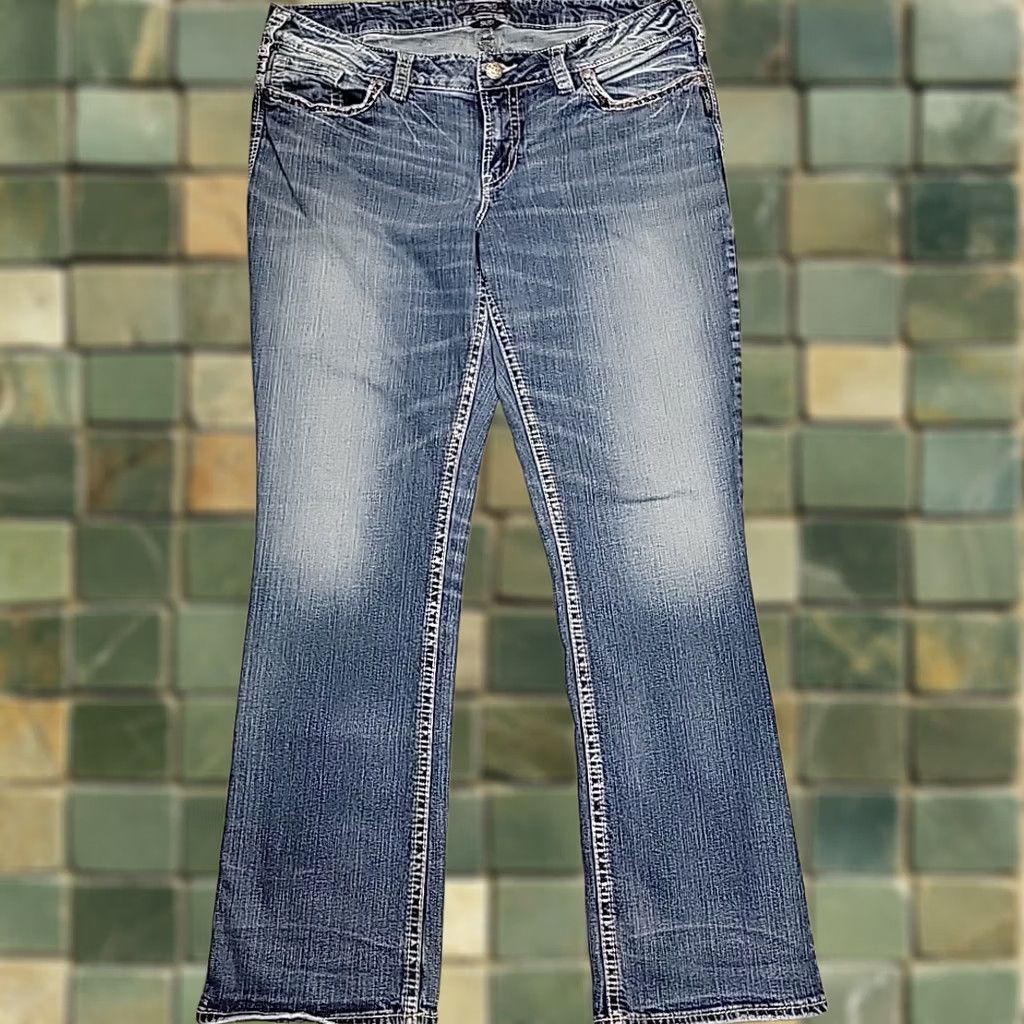 Silver Jeans Co. VINTAGE Silver Jeans Womens 20 Tall Suki Slim Bootcut Stretch Blend Thick Stitch Cowboy Jeans Blue 34in Inseam with Belt Loops Womens Size 42" / US 20 - 1 Thumbnail