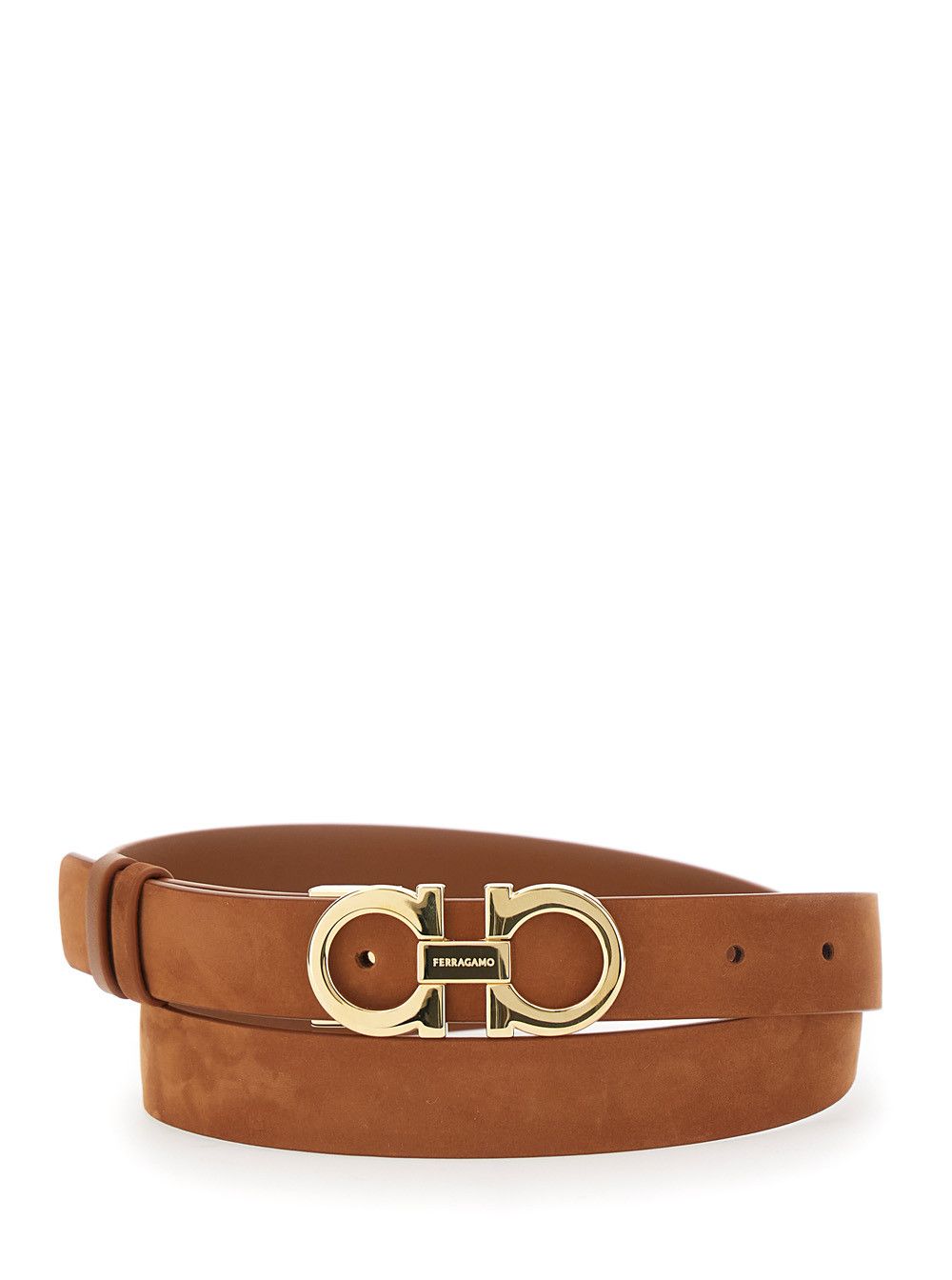 Brown Belt with Gancini Buckle in Suede Woman