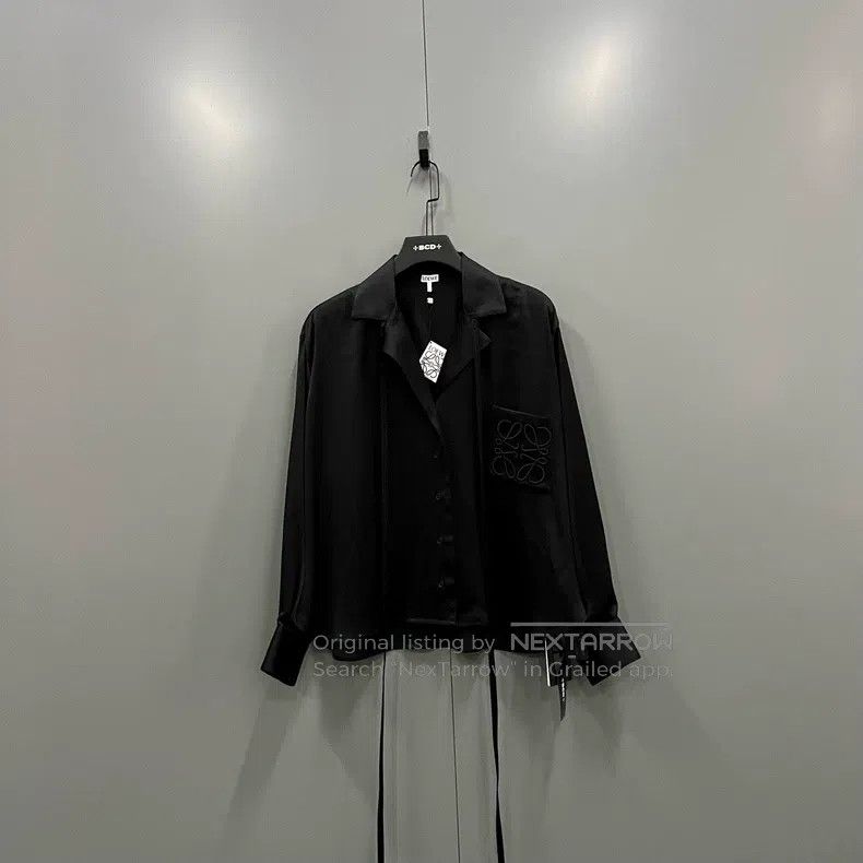 Loewe Black Embroidered Logo Silk Shirt with Ripped Pocket