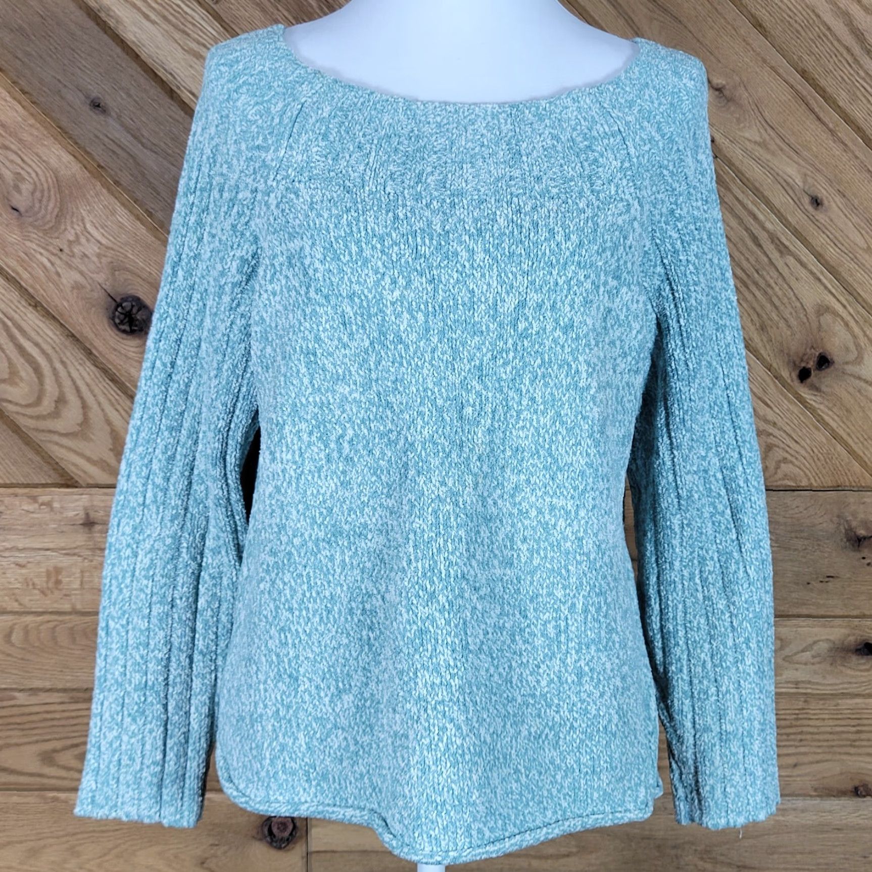 J. Jill J. Jill Womens Petite L Pullover Sweater Green White Long Sleeve Boat Neck Knit Polyester Blend Lightweight Casual Mens Womens Girls Boys Size L / US 10 / IT 46 - 2 Thumbnail