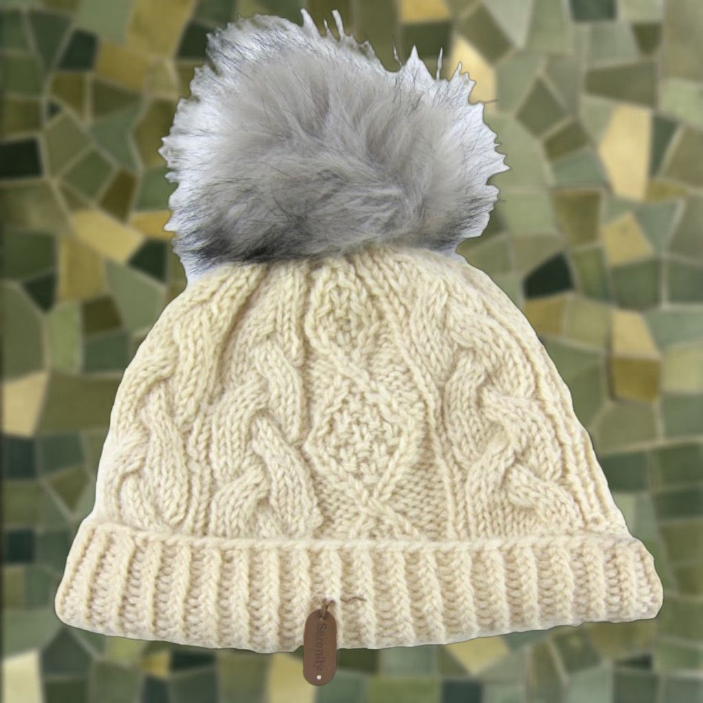 Vintage Serenity Tibet Beanie Hat One Size Ivory Wool Lined Pom Pom Hand Knit Nepal OS Women Size ONE SIZE - 1 Thumbnail