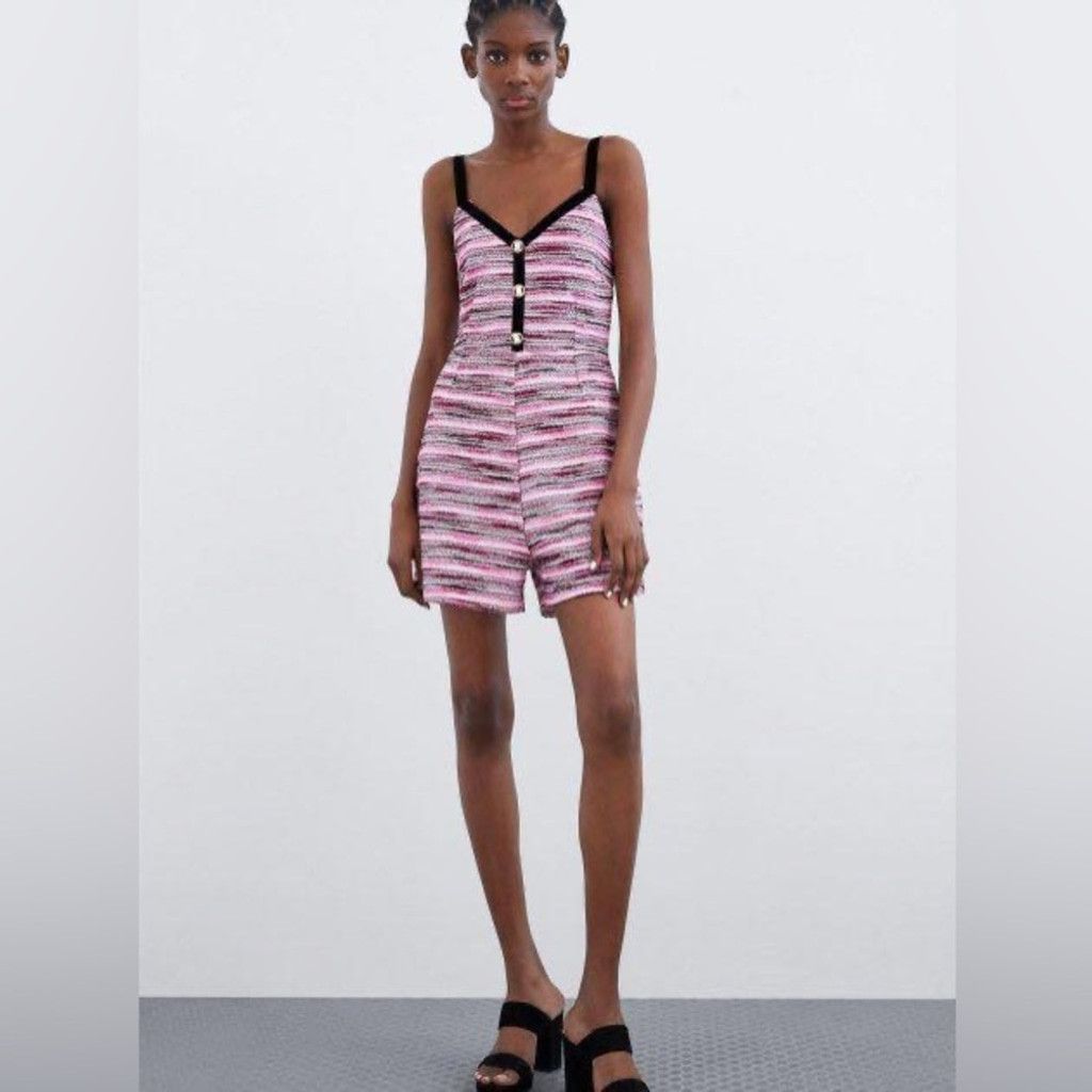 Zara Zara Pink Tweed and Black Velvet Trim Romper Size S Size 27" / US 4 / IT 40 - 2 Thumbnail