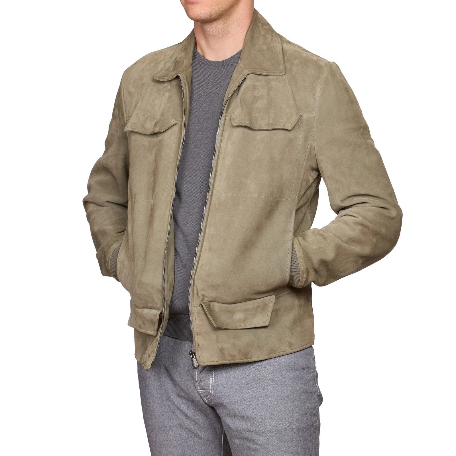 Bottega Veneta BOTTEGA VENETA Gray Suede Leather Flight Bomber Jacket Size US M / EU 48-50 / 2 - 2 Thumbnail
