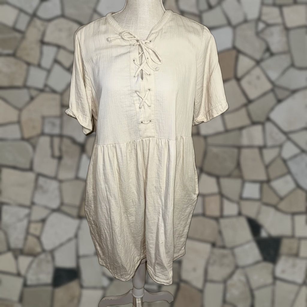 princess polly baby blue dress Old Navy VINTAGE Old Navy Dress Midi Dress Boho 90s Cream Cotton Pleated  V-Neck Short Sleeve L Regular Women Size L