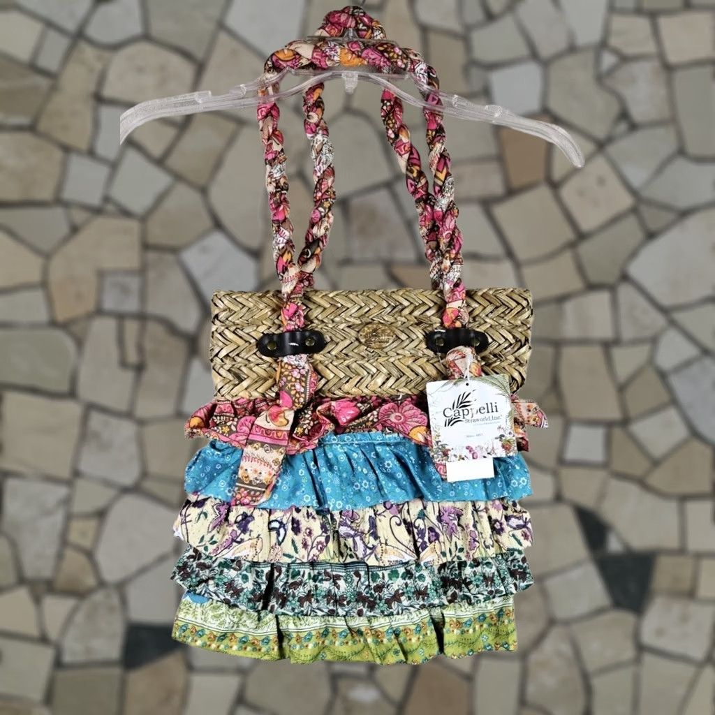 Vintage Cappelli Straworld Bohemian Wicker Fabric Shoulder Handbag Purse Bag Pink Beige Pattern Floral Bucket & Drawstring Medium Women Size ONE SIZE - 1 Thumbnail