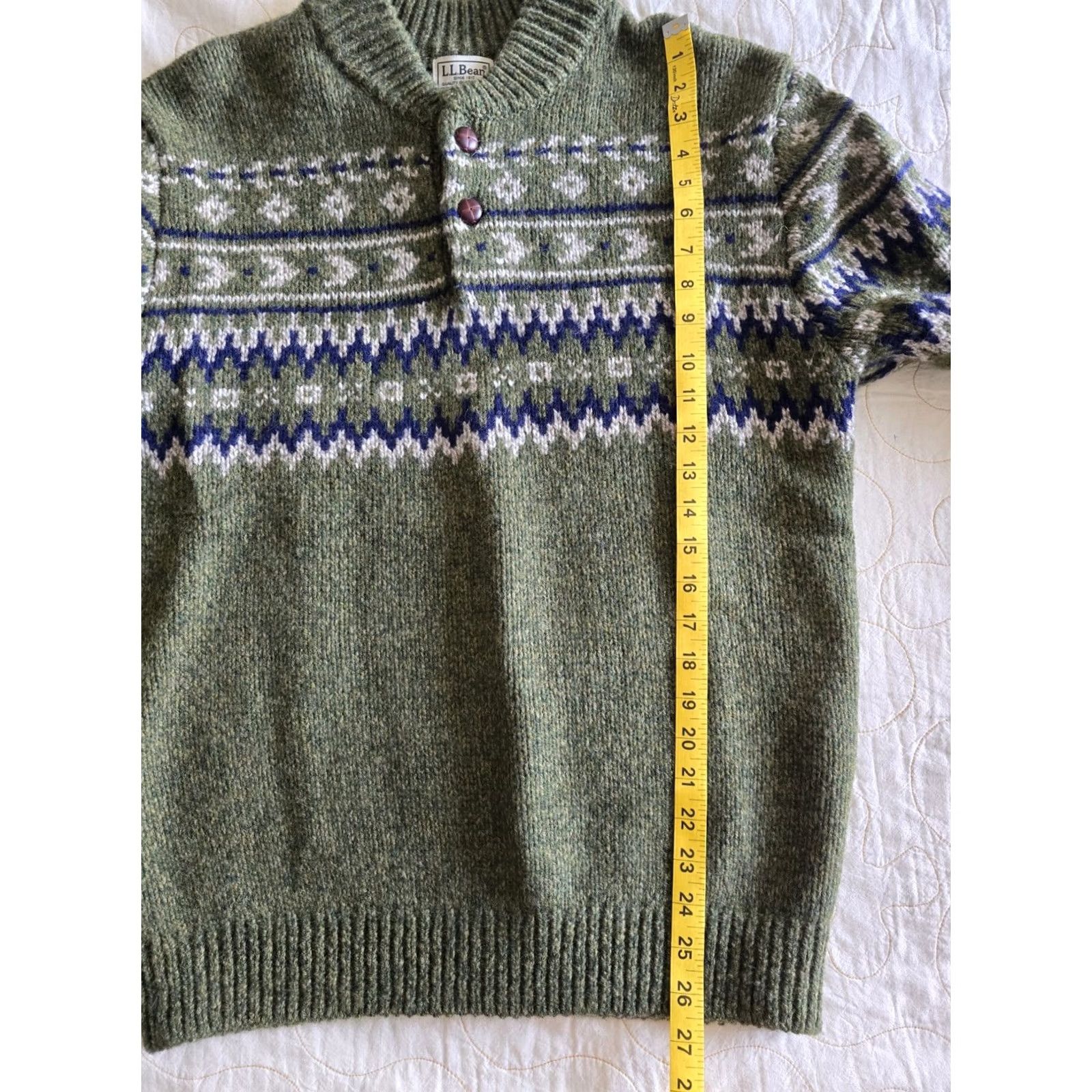 Vintage VINTAGE Y2K LL Bean Wool Sweater Faire Isle Henley Mens Medium Green Lambswool 90s Mens Size US M / EU 48-50 / 2 - 6 Thumbnail