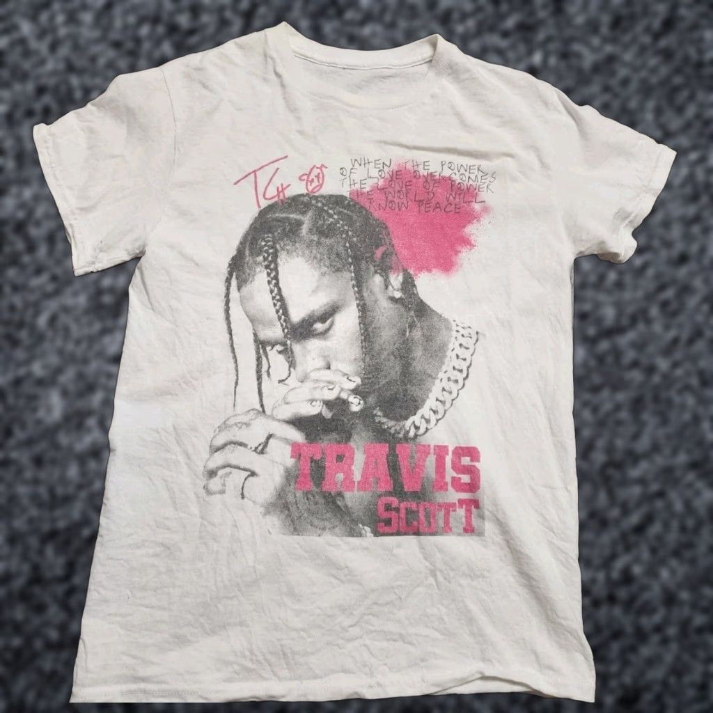 Travis Scott VINTAGE Custommade Men T-Shirt Short Sleeve Crew Neck Cotton White Travis Scott Power Of Love 90s Hip Hop Music Concert Tee Mens Size US S / EU 44-46 / 1 - 1 Thumbnail