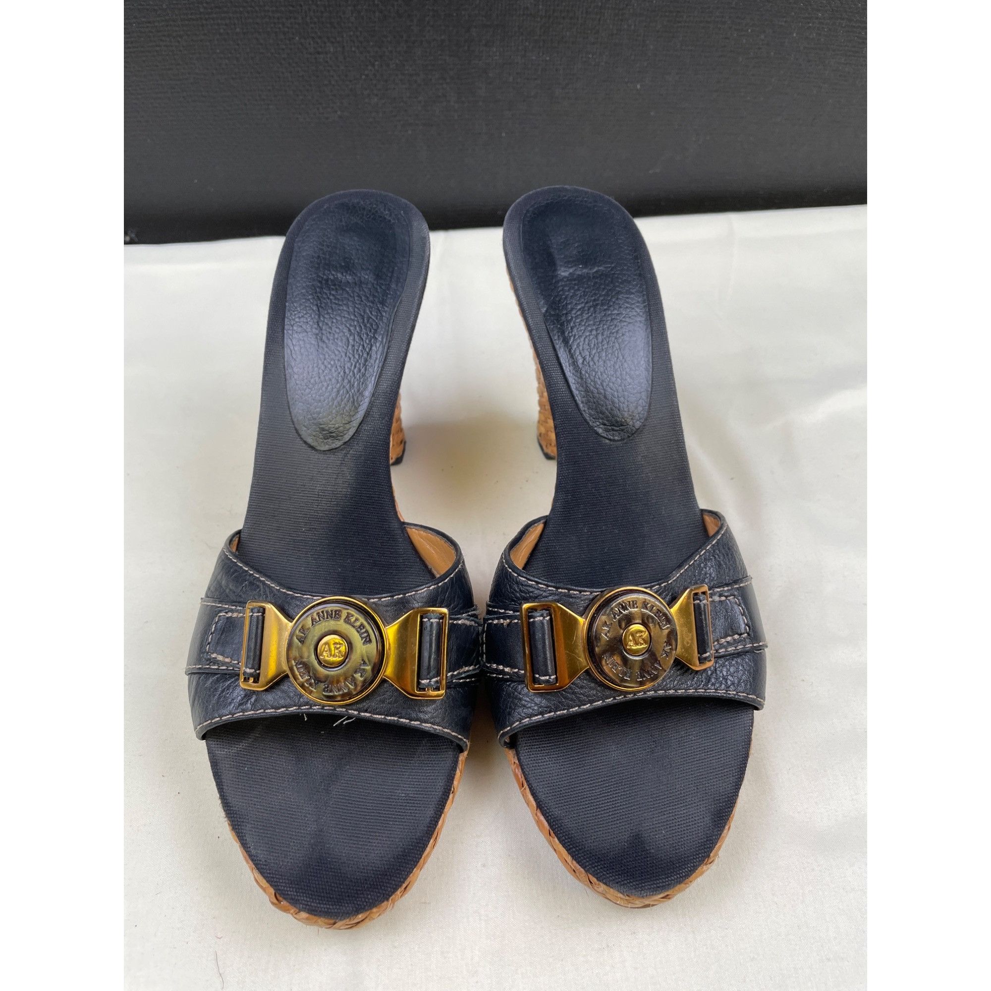 Anne Klein Anne Klein Women's Black Leather Wedged Heel 3.75" Sandals/S Size US 8 / IT 38 - 1 Thumbnail