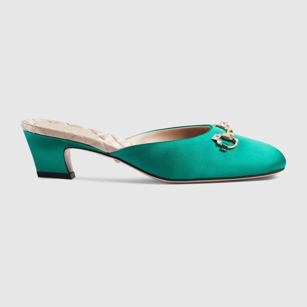 o1s1wg110225 Horsebit Mules in Green Satin