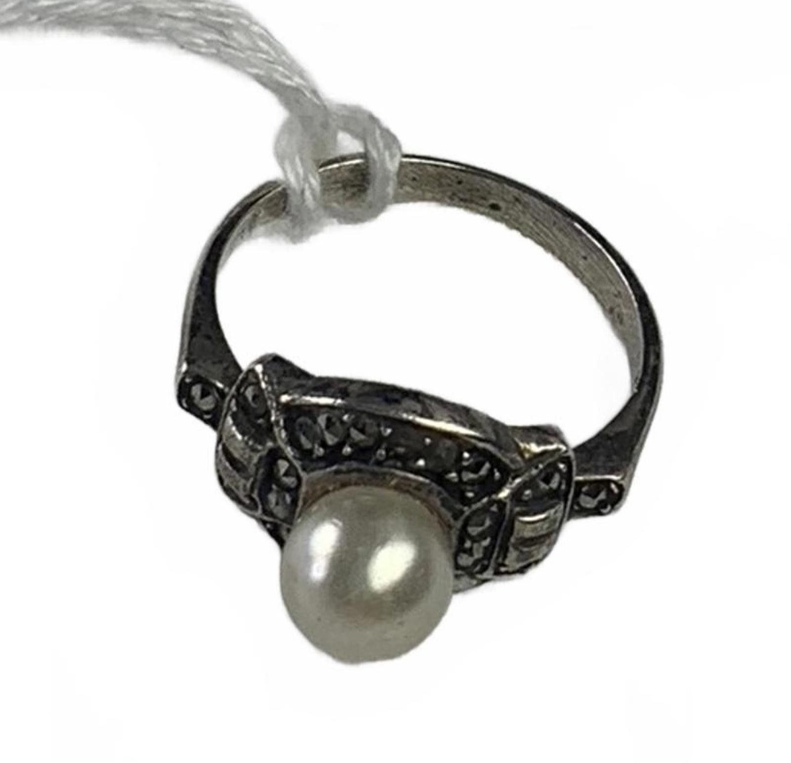 Other 925 Sterling Silver Marcasite & Faux Pearl Ring Size ONE SIZE - 2 Thumbnail