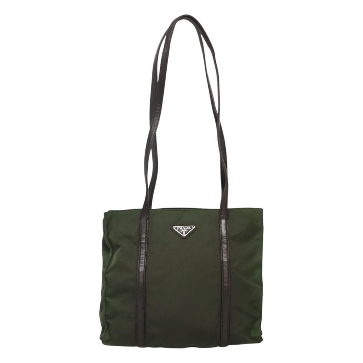 Prada Triangle Logo Khaki Synthetic Tote Bag (Pre-Owned) Size ONE SIZE - 1 Thumbnail