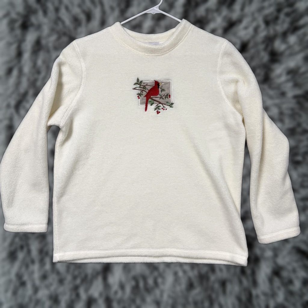 Vintage Bonnie Evans Fleece Sweater Womens L Cream Cardinal Embroidered Bird Grandmacore Size L / US 10 / IT 46 - 1 Thumbnail
