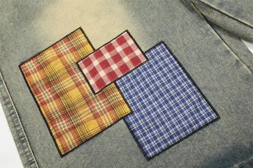 Men's retro plaid patch washed distressed denim shorts y2k