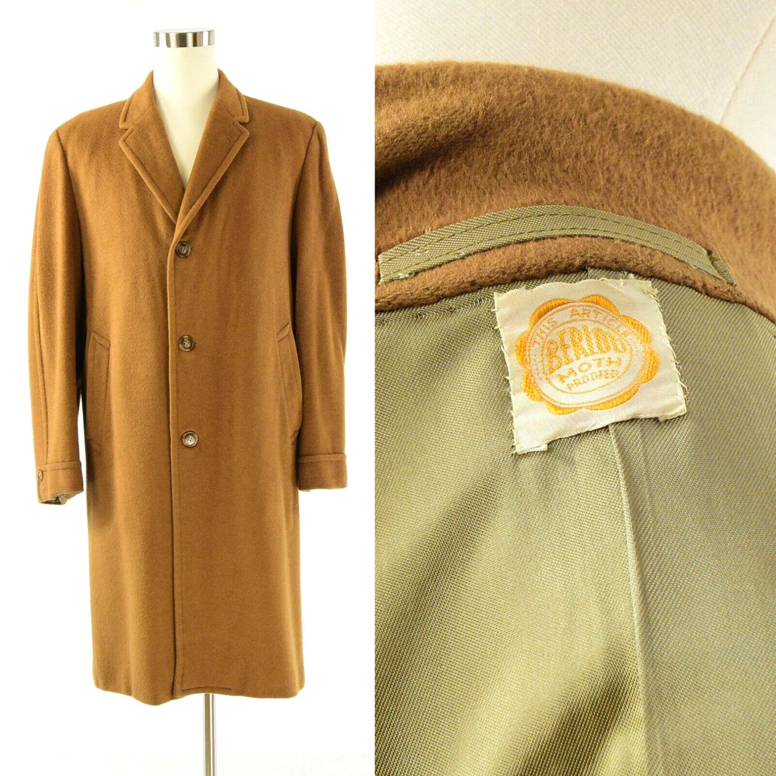 image of 50S Vintage Wool Top Coat Over Coat Camel Brown Mens 46 Asha's Clothing in White (Size XL)