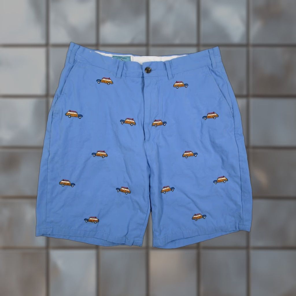 Vintage Castaway Mens 32 Blue AOP Chino Shorts - 8" Inseam, Cotton Canvas, Casual Travel Pockets, Geometric Woody Surfboard, Nantucket, Beach, Preppy Mens Size US 32 / EU 48 - 1 Thumbnail
