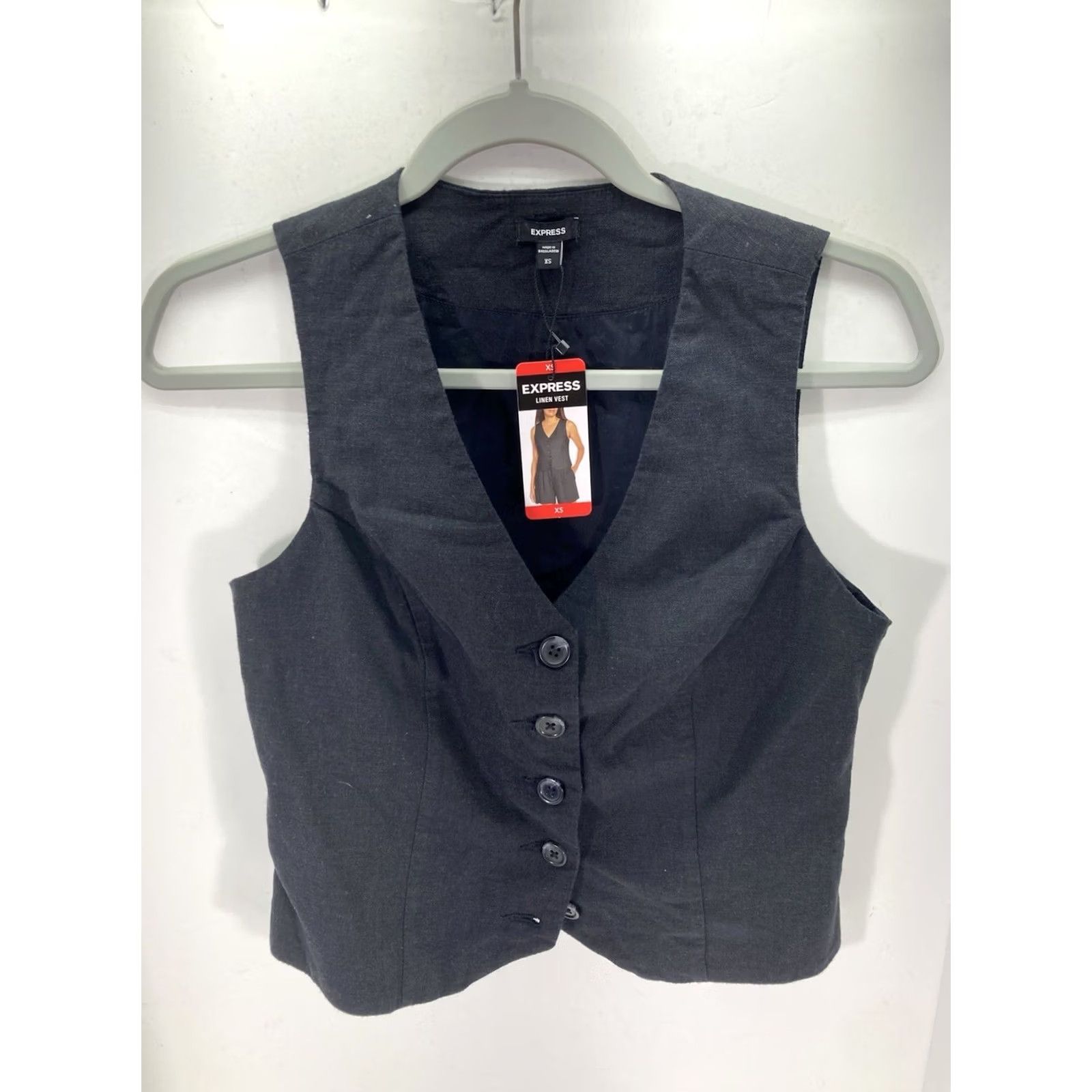 Express VINTAGE? Express Linen Vest Womens Size XS Black Button Front V-Neck Classic Look NWT Size XS / US 0-2 / IT 36-38 - 2 Thumbnail