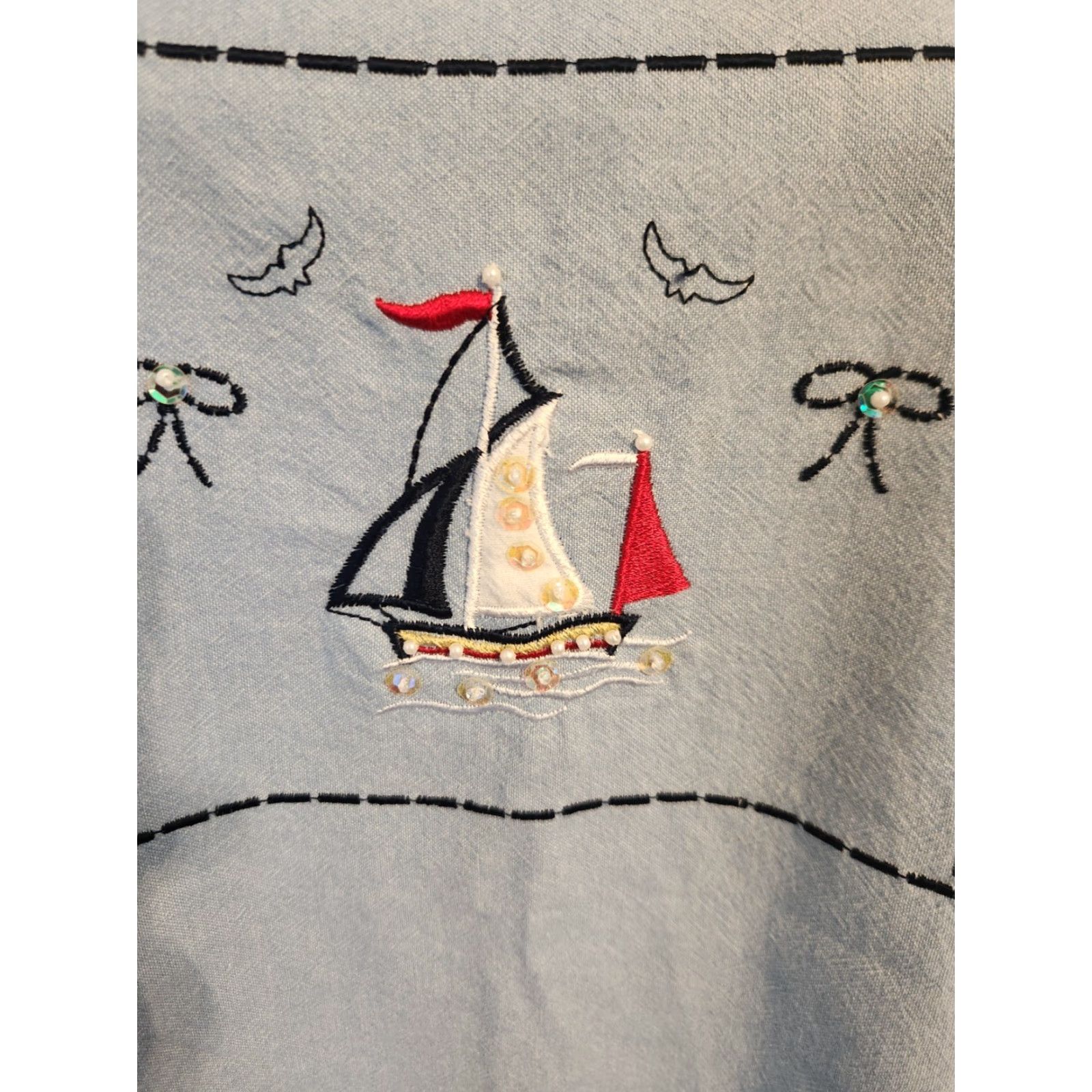 Vintage VINTAGE Jane Ashley Light Blue Boat Embroidered Shift Dress Petite M Blue 1990s Womens Size M / US 6-8 / IT 42-44 - 2 Thumbnail
