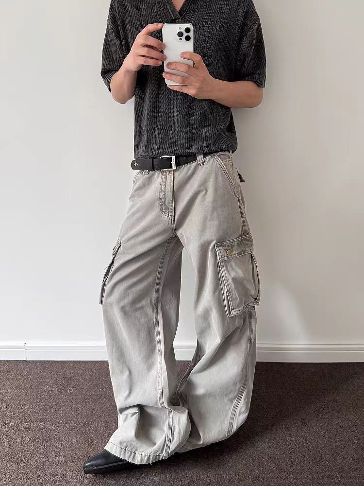 Wash-Finished Relaxed-Fit High-Street Workwear Pants
