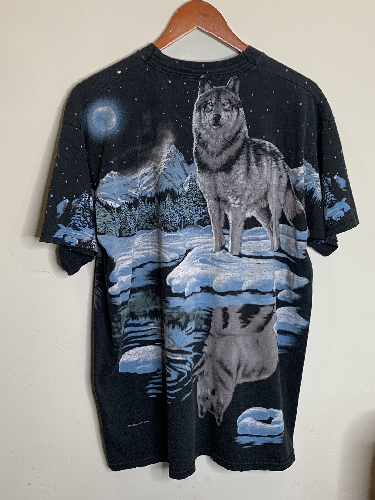 RARE* Vintage 90's Liquid Blue Wolf AOP Nature Art T-Shirt, image size:1200x1600