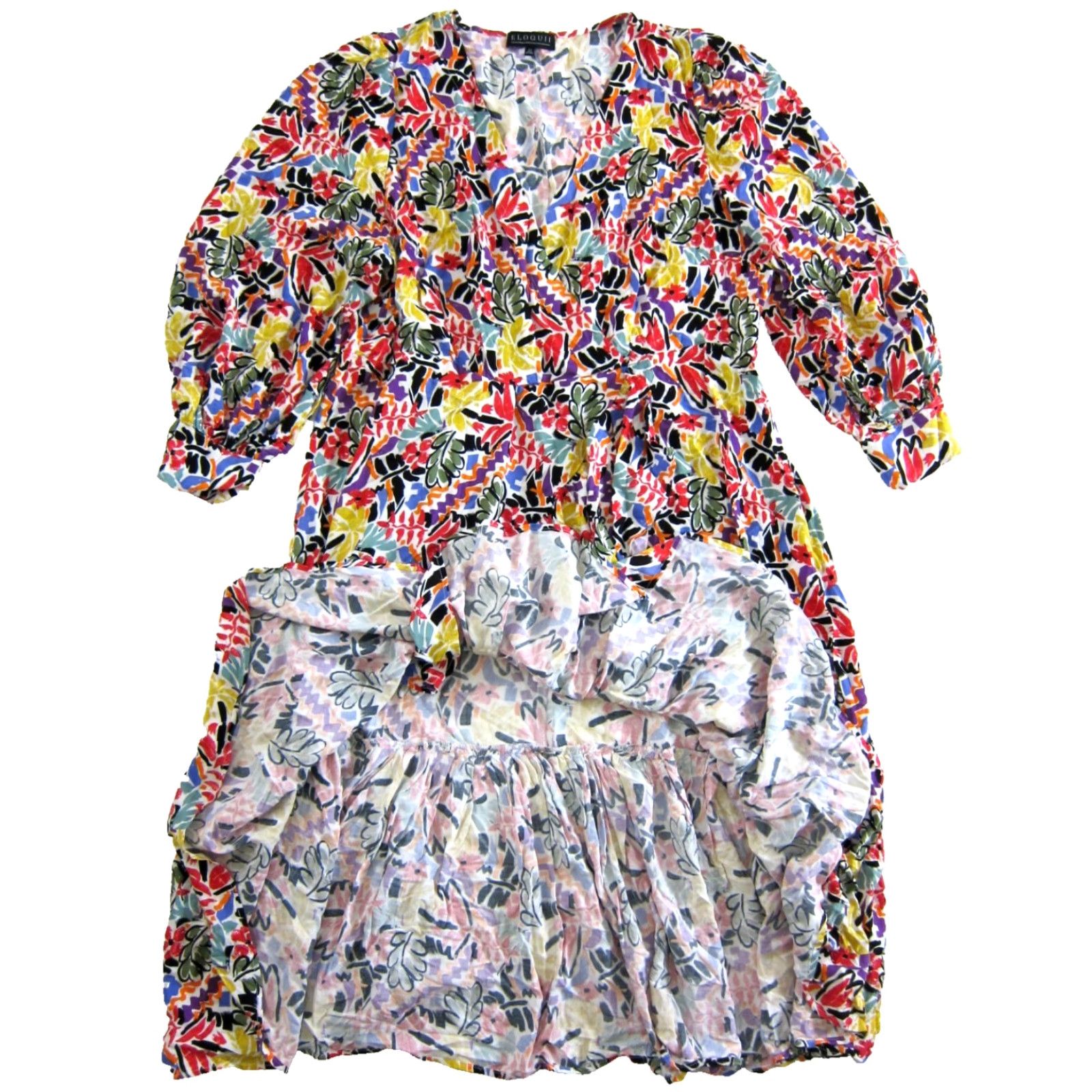 Vintage ELOQUII Dress Long Sleeve Rayon Black Purple Yellow Red Abstract High Low 24 V-Neck Kaftan Bohemian Floral 80s 90s Boho Womens Mens Girls Size 4XL / US 24-26 - 5 Thumbnail