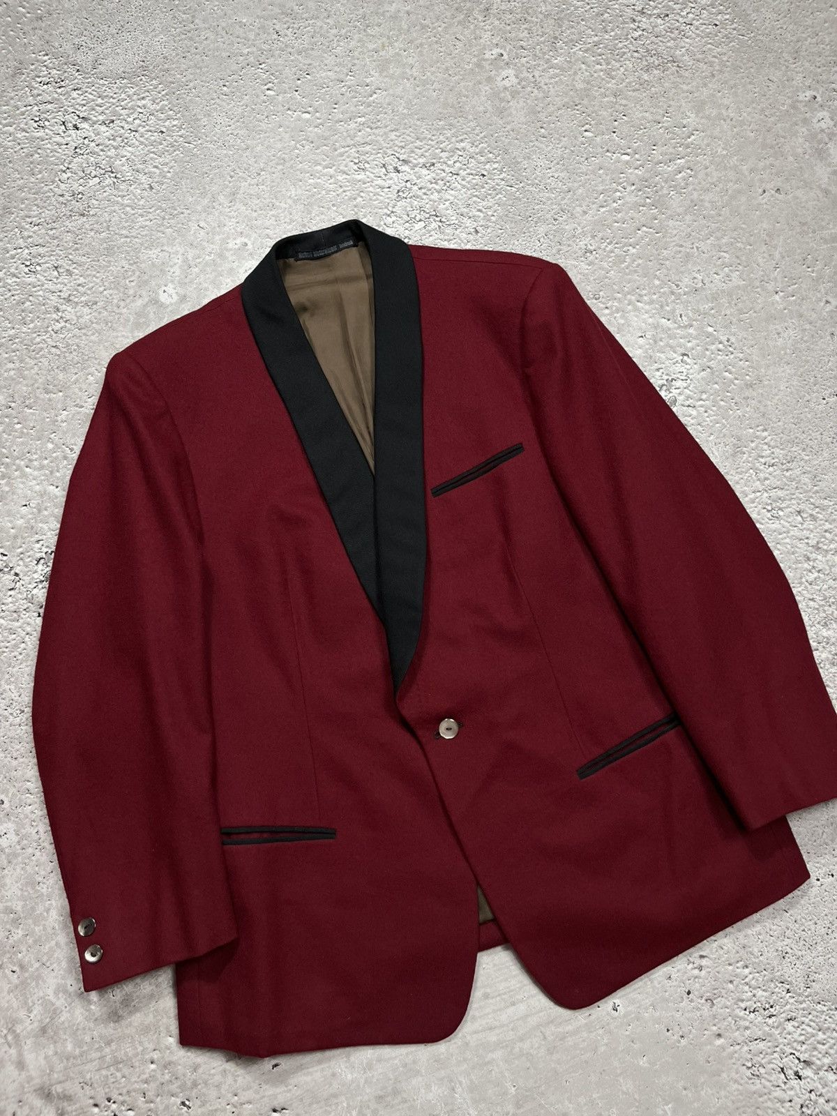Japanese Brand Vintage Wool Tuxedo Blazer Burgundy Black Shawl Collar Size 42R - 4 Thumbnail