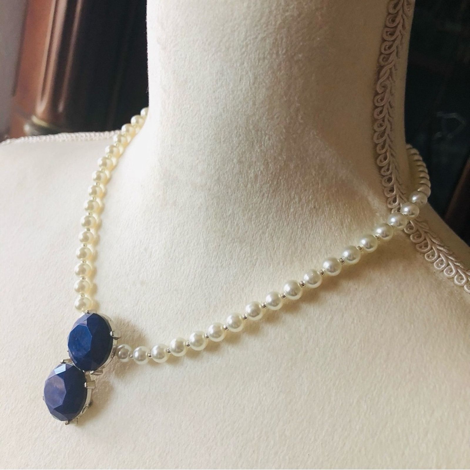 Handmade Handcrafted repurpose royal blue stone Pearl necklace Size ONE SIZE - 4 Thumbnail