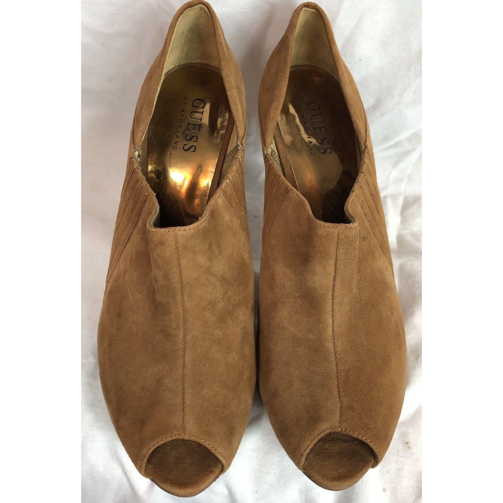 Guess GUESS Peep Toe Pump Womens 8 Camel Brown Suede 4 1/2” Heel Elastic Panels Pump Stiletto Shoes Size US 8 / IT 38 - 7 Thumbnail