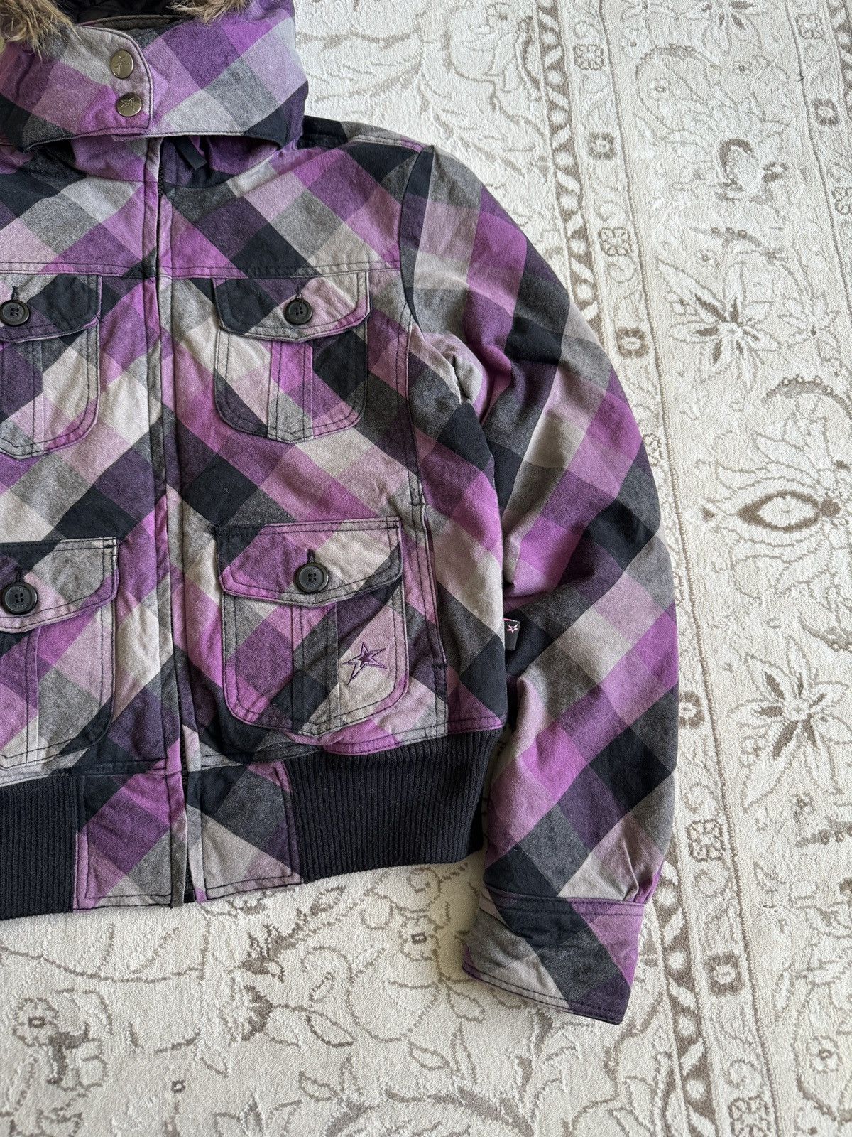Hysteric Glamour Vintage Fur Hood Plaid Canvas Crop Jacket Punk Goth Emo Y2K Size S / US 4 / IT 40 - 5 Thumbnail