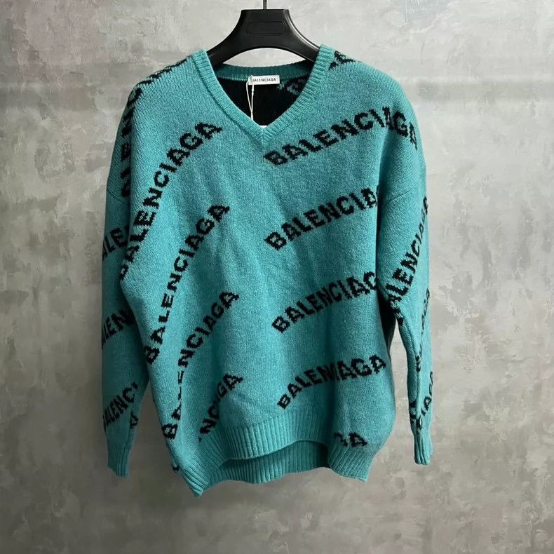 Balenciaga Blue V-Neck Logo Sweater dmc