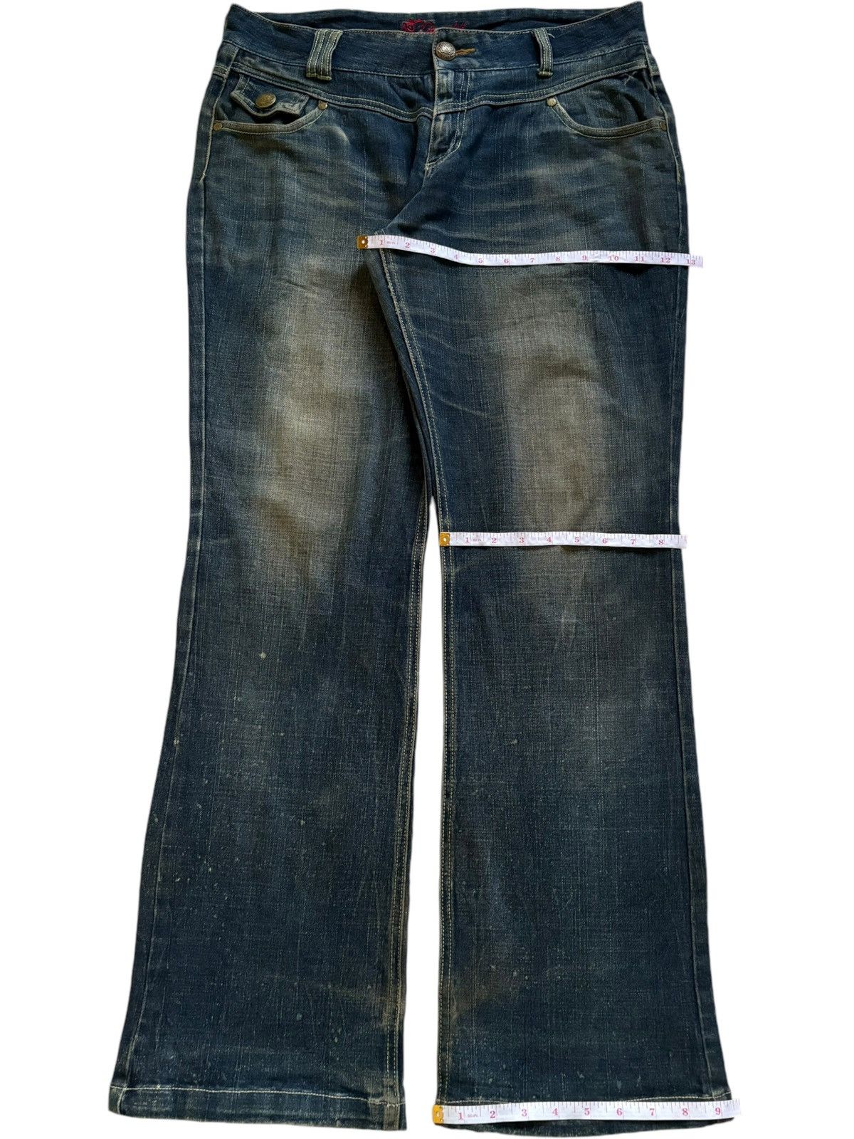Japanese Brand Vintage Japanese Brand Buckle Back Mud Wash Bootcut Jeans Size 35" - 13 Thumbnail