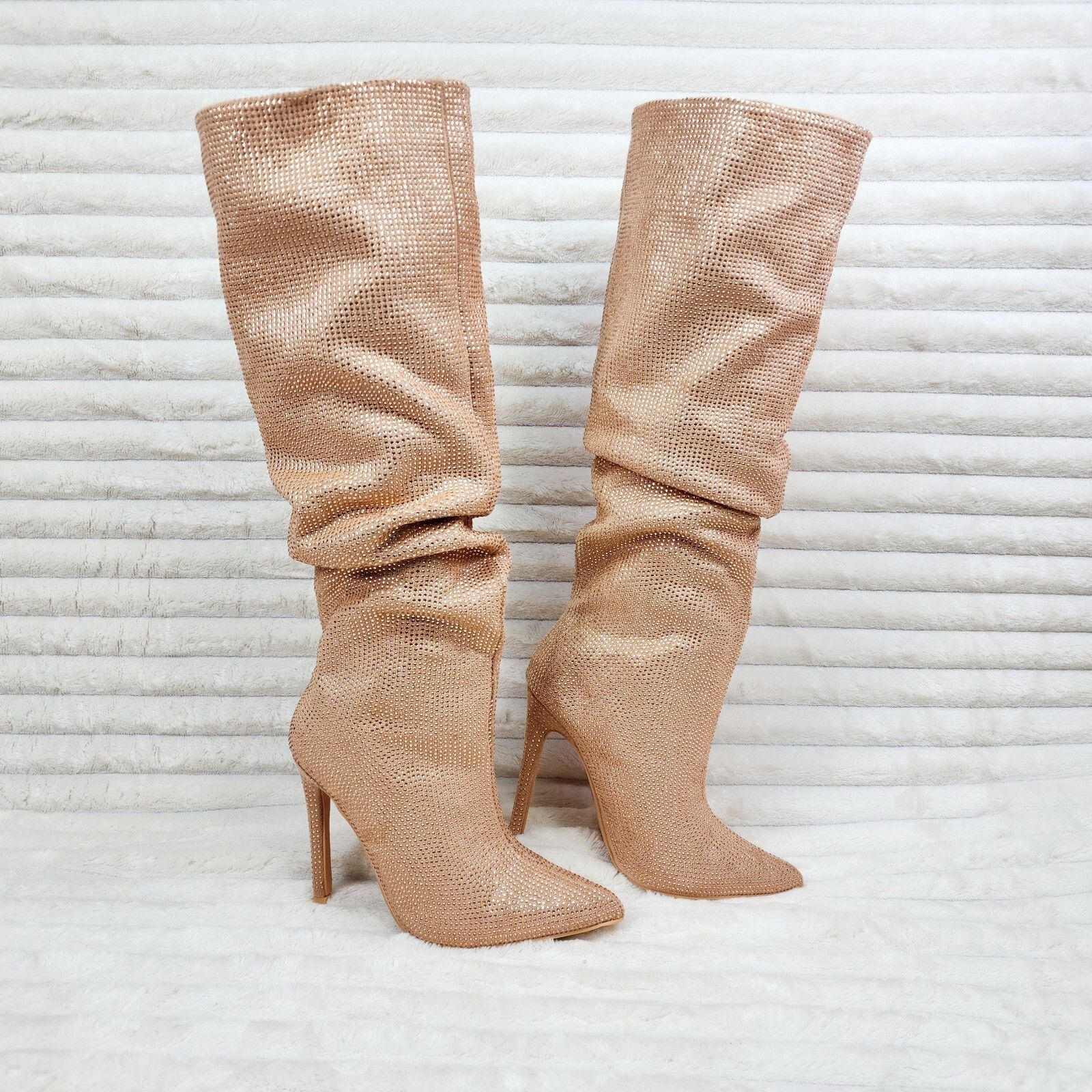 Radiant Nude Beige Rhinestone High Heel Stiletto Slouch Knee